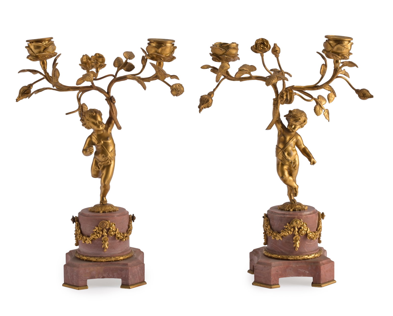 A PAIR OF GILT METAL AND PINK MARBLE TWIN BRANCH CANDLESTICKS FRENCH, 20TH CENTURY - 2