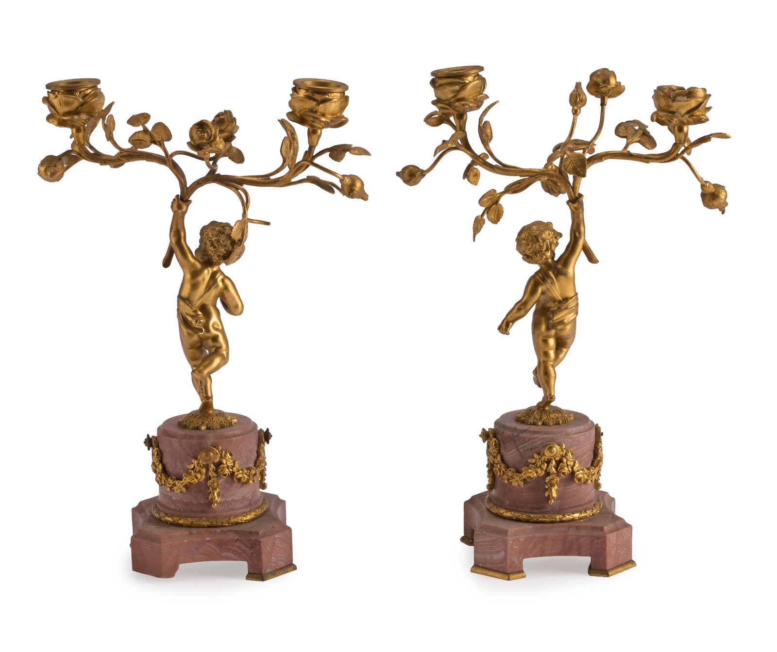 A PAIR OF GILT METAL AND PINK MARBLE TWIN BRANCH CANDLESTICKS FRENCH, 20TH CENTURY - 3