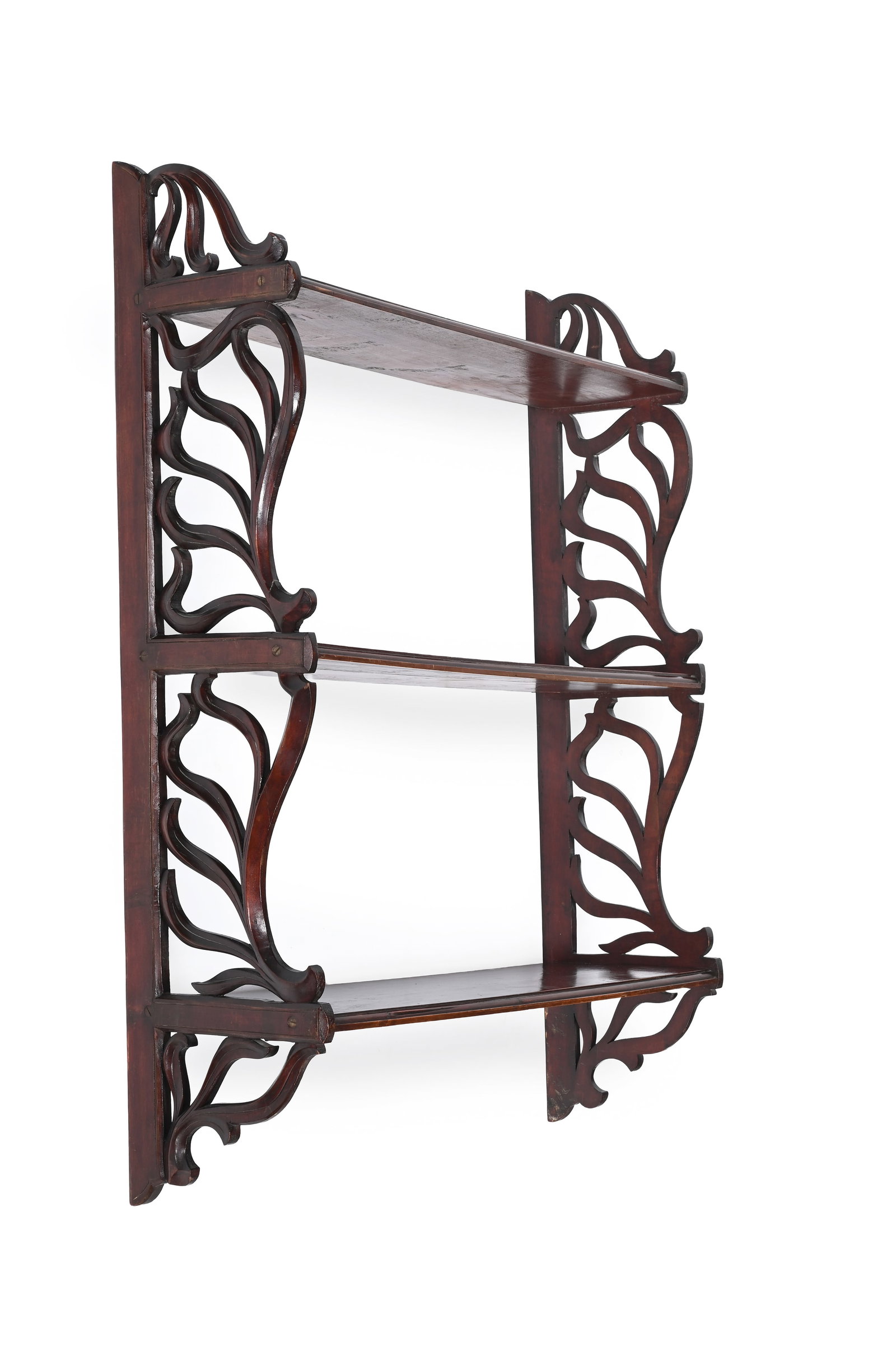 A FLIGHT OF MAHOGANY THREE TIER GRADUATED HANGING SHELVES, IN GEORGE III STYLE - 2