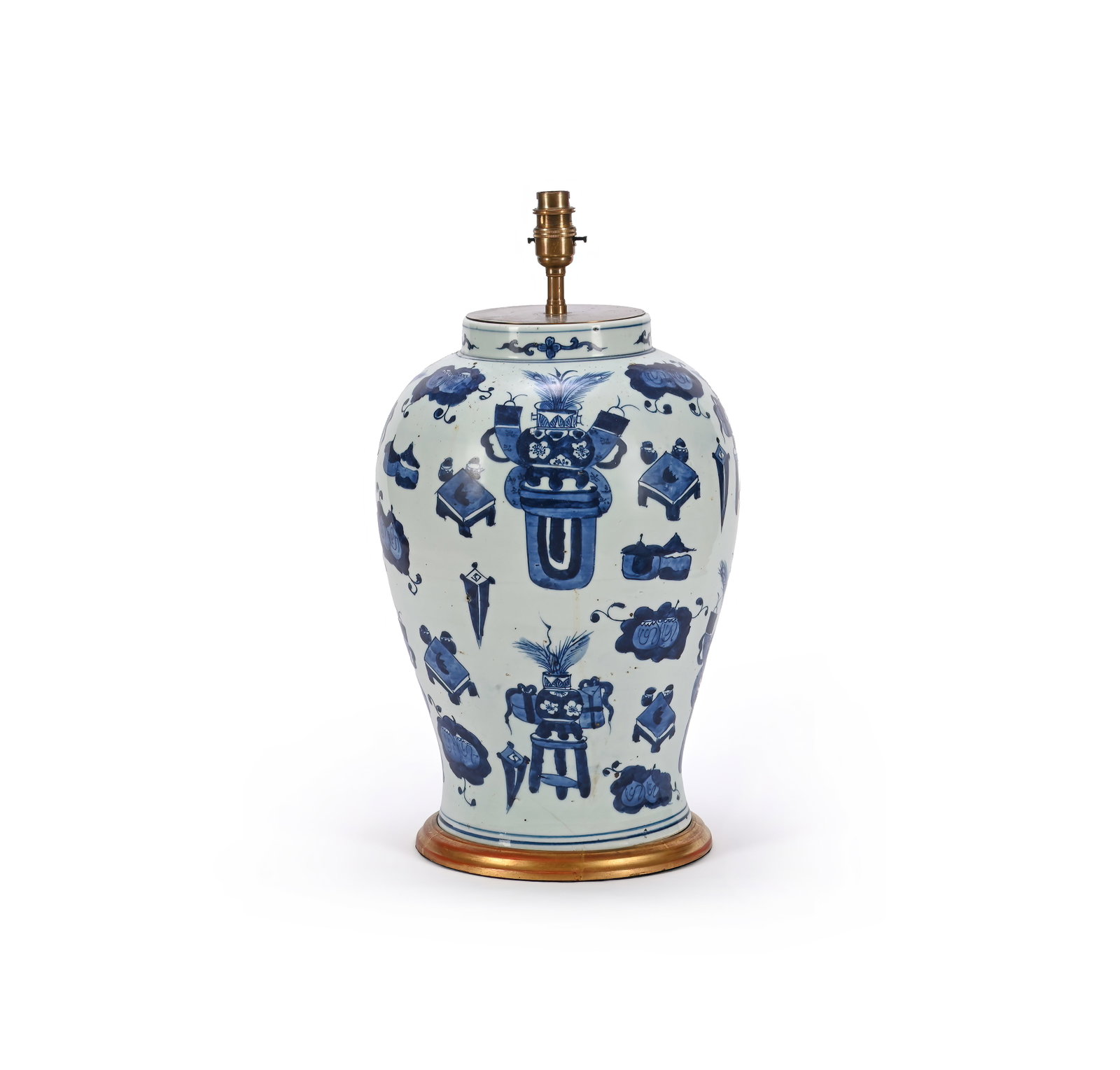 A CHINESE BLUE AND WHITE VASE: A CHINESE BLUE AND WHITE VASE 19TH CENTURY AND LATER FITTED AS A LAMP BASE With white card shade 70cm high overall Condition Report: PLEASE NOTE: ALL LOTS ARE LOCATED AT SACKVILLE WEST STORAGE IN