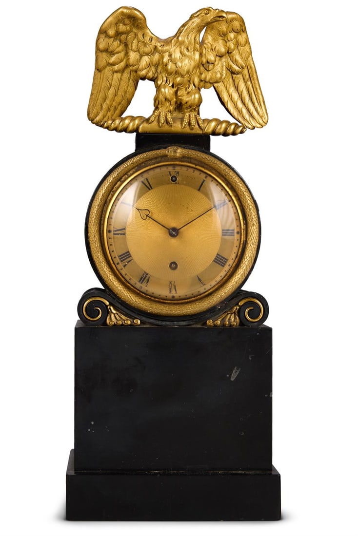 VULLIAMY, A REGENCY ORMOLU MOUNTED DERBYSHIRE BLACK MARBLE LIBRARY MANTEL TIMEPIECE (1 of 2)