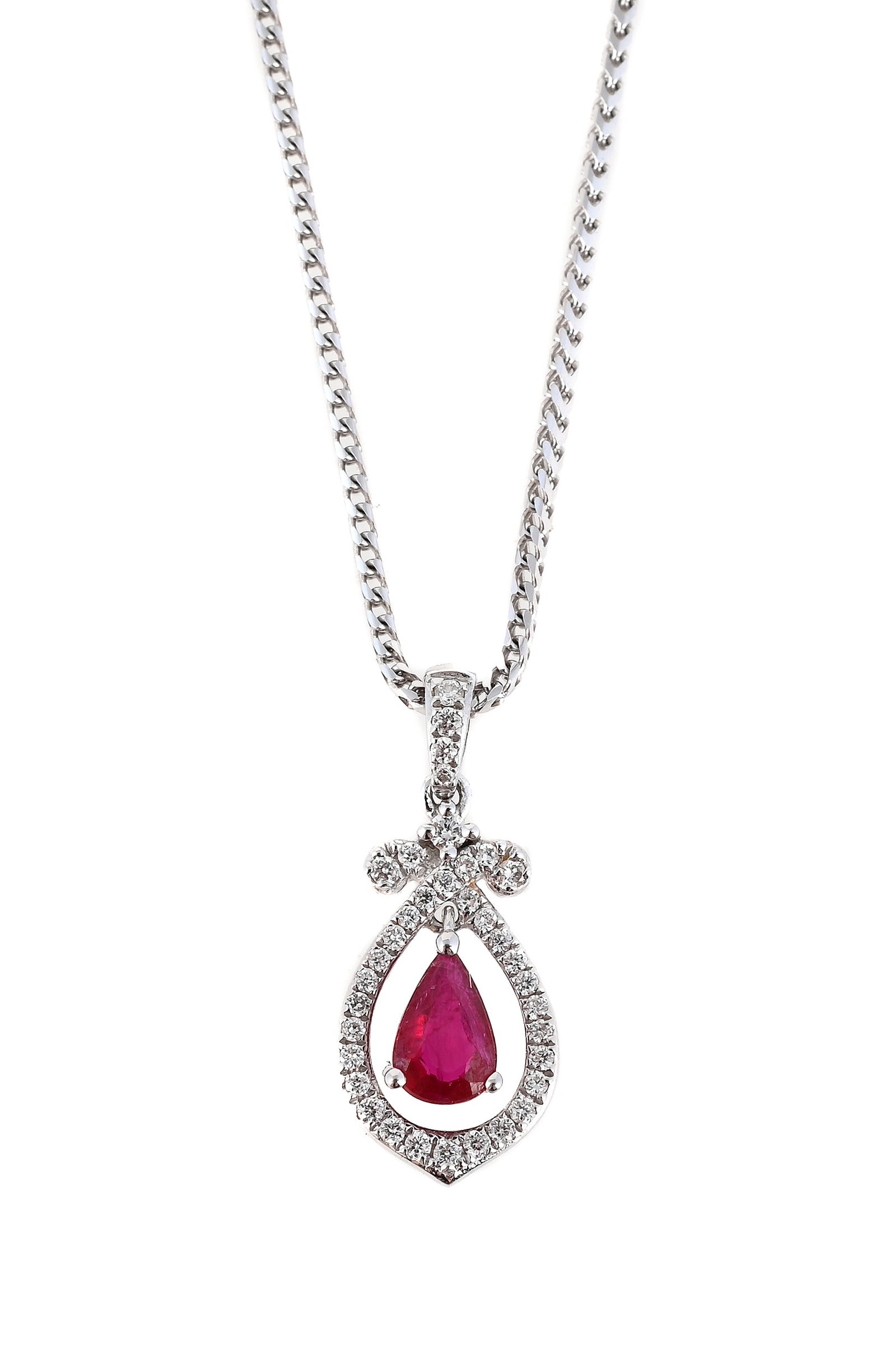 A RUBY AND DIAMOND PENDANT: A RUBY AND DIAMOND PENDANT The pear shaped ruby within a brilliant cut diamond surround, to a diamond set bale, mounted in 18ct white gold, suspended from a chevron link chain, with lobster claw