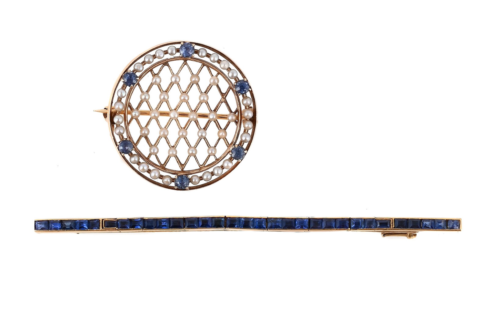 A SAPPHIRE AND SEED PEARL BROOCH AND A FRENCH SAPPHIRE BAR BROOCH (1 of 1)
