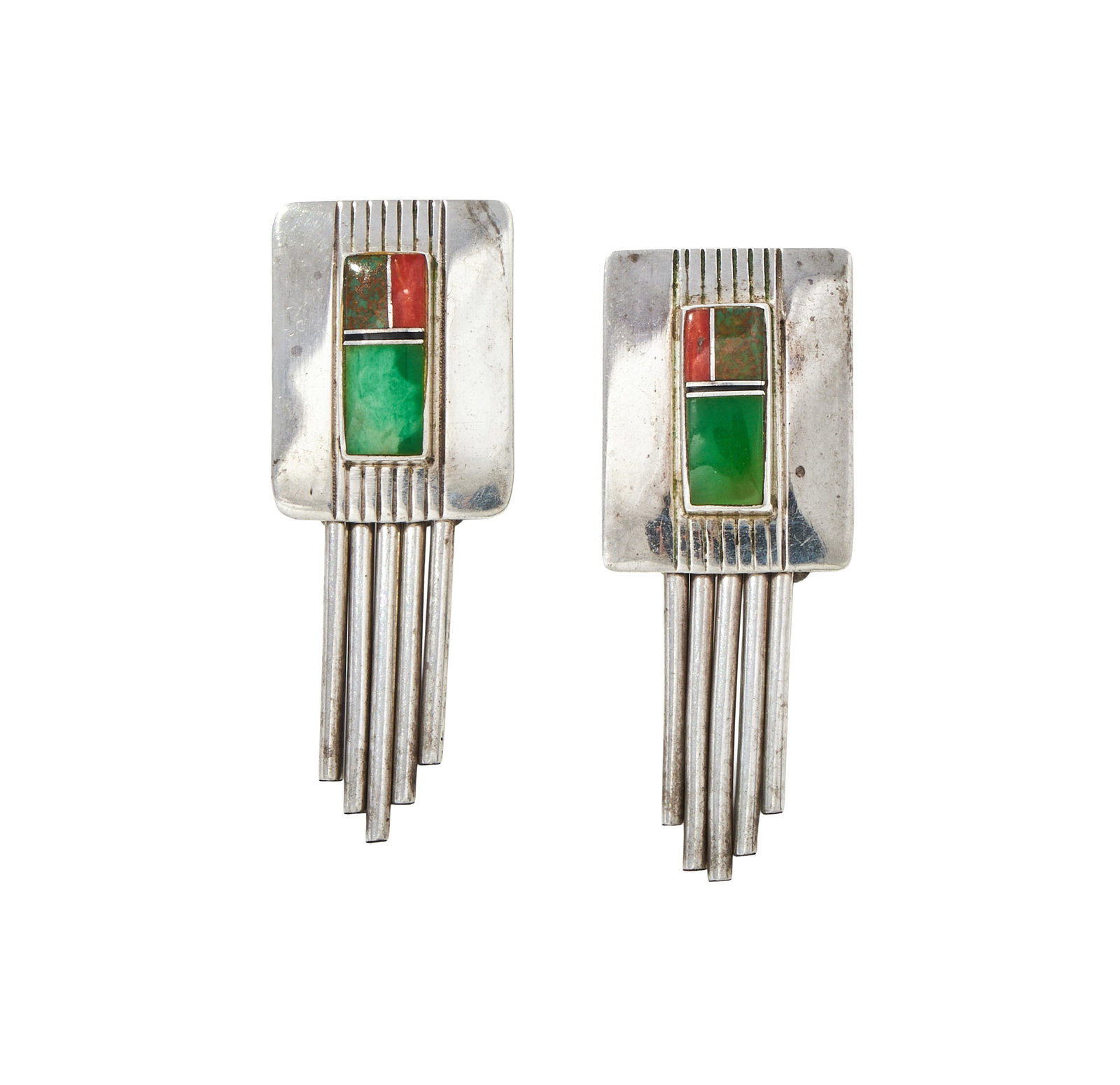 Y A PAIR OF CORAL AND HARDSTONE EARRINGS: Y A PAIR OF CORAL AND HARDSTONE EARRINGS The rectangular panels with central polished intersecting hardstone and coral panels, suspending a graduated polished fringe, post fittings, unmarked