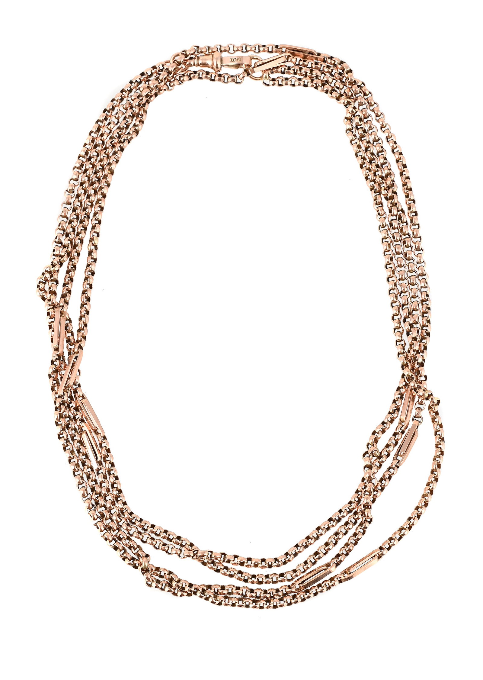 AN EARLY 20TH CENTURY 9 CARAT GOLD LONG CHAIN: AN EARLY 20TH CENTURY 9 CARAT GOLD LONG CHAIN The belcher link chain with baton spacers, to a lobster claw clasp stamped 9ct Size/dimensions: 75cm long Gross weight: 21.0 grams Condition