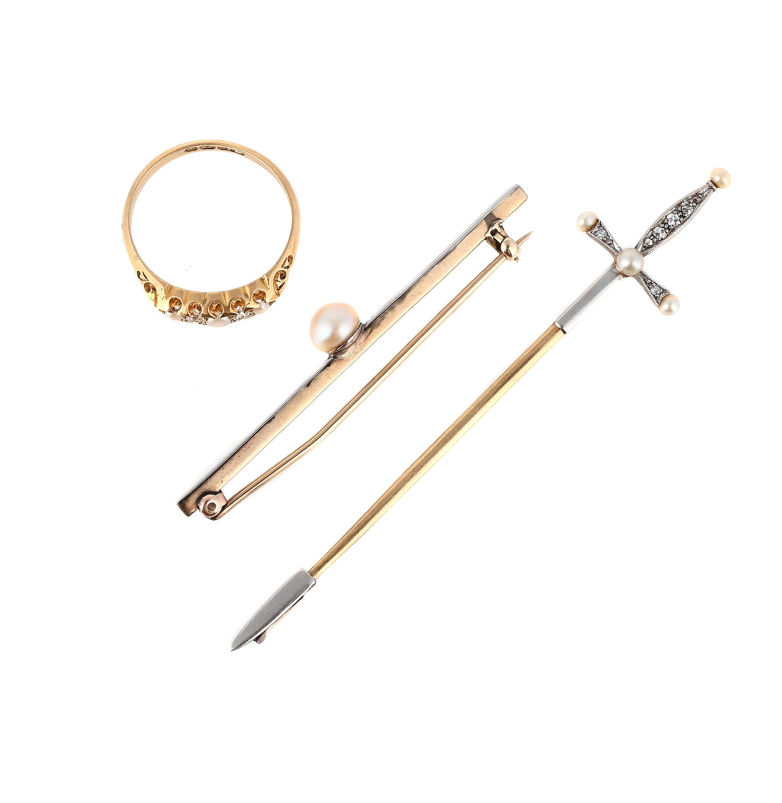 A SMALL COLLECTION OF ANTIQUE JEWELLERY: A SMALL COLLECTION OF ANTIQUE JEWELLERY Including: an 18ct gold half pearl and diamond set five stone ring, Birmingham 1896; an early 20th century diamond and seed pearl set sword shaped jabot pin,
