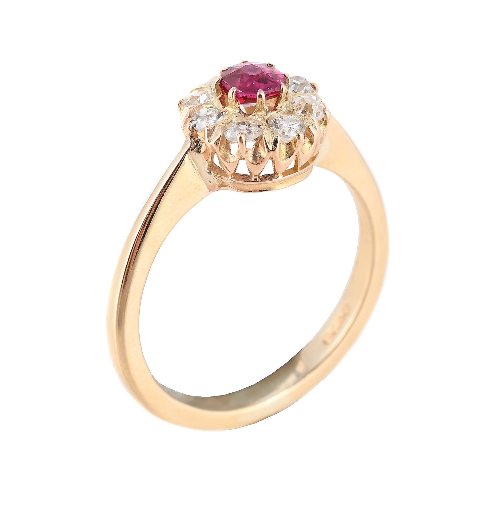 A RUBY AND DIAMOND CLUSTER RING: A RUBY AND DIAMOND CLUSTER RING The cushion shaped ruby within an old cut diamond surround, to a later polished 9ct gold shank, partial hallmark Size/dimensions: ring size M Gross weight: 2.6