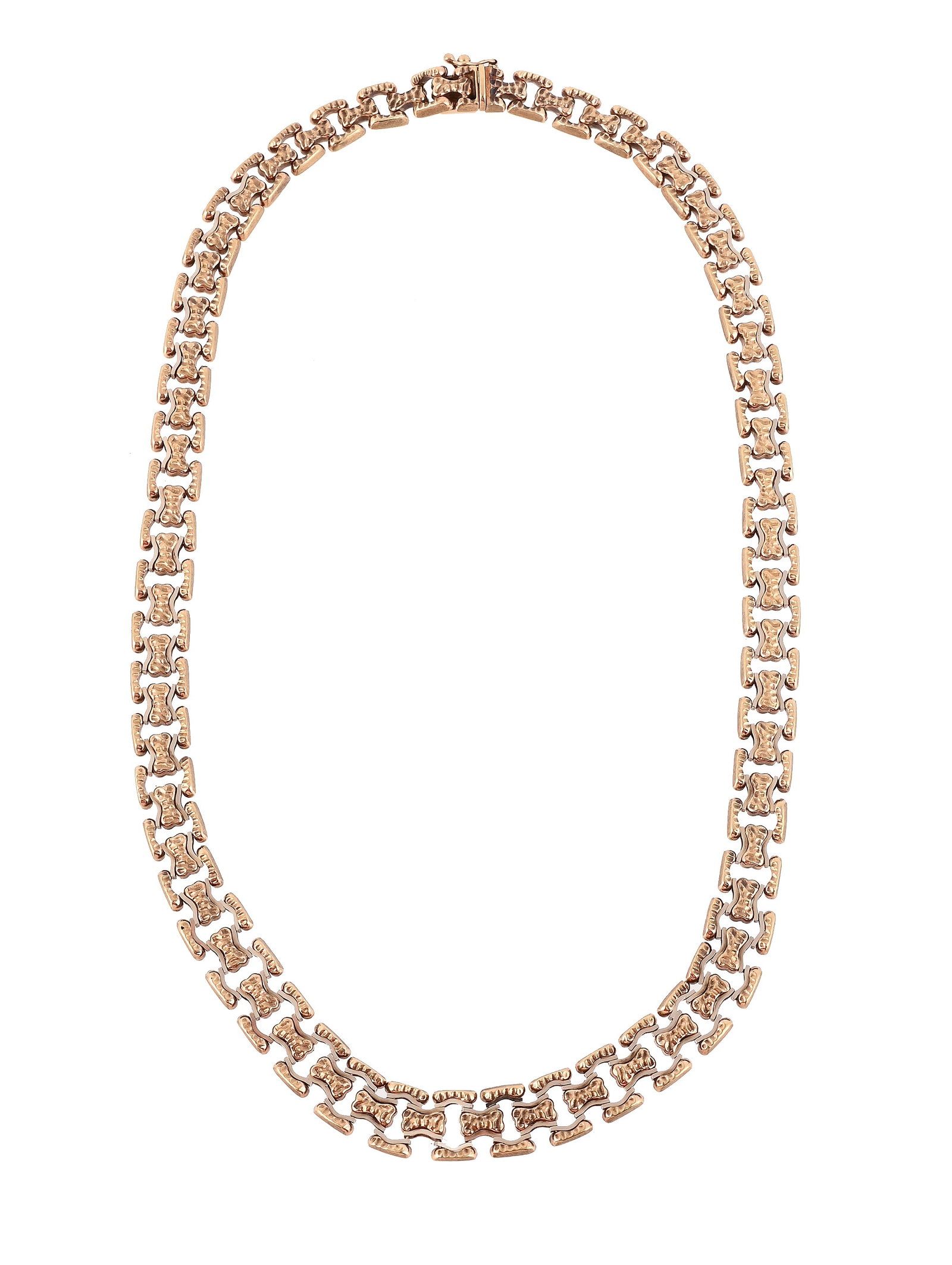 A 9CT GOLD FANCY LINK NECKLACE: A 9CT GOLD FANCY LINK NECKLACE Composed of fancy shaped brick links of hammered finish, with polished white gold accents, London import mark 1976 Size/dimensions: 44.5cm long Gross weight: 34.0