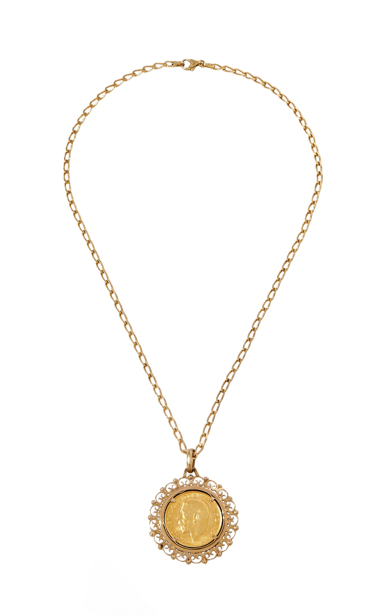 A SOVEREIGN PENDANT NECKLACE: A SOVEREIGN PENDANT NECKLACE The 1927 gold sovereign in a scrolled 9ct gold mount, to a 9ct gold filed curb link chain, mount and clasp with UK hallmarks Size/Dimensions: pendant 3.5cm