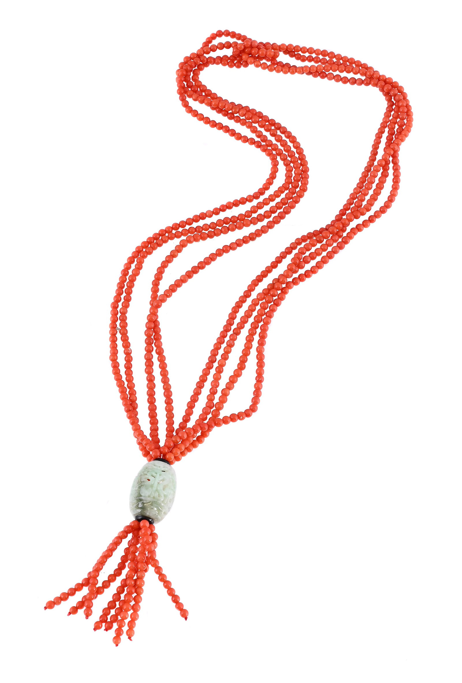 Y A CORAL AND JADEITE JADE SAUTOIR: Y A CORAL AND JADEITE JADE SAUTOIR The uniform coral beads to a pierced polished jadeite jade barrel connector, with black stone disc detail Size/dimensions: 76cm long, tassel