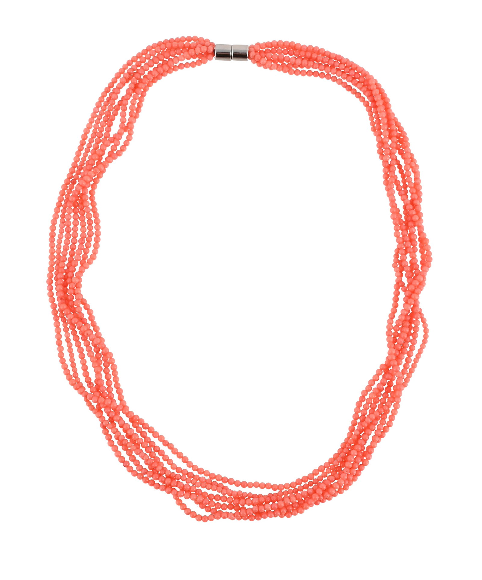 Y A CORAL BEAD TORSADE NECKLACE: Y A CORAL BEAD TORSADE NECKLACE Composed of multiple strands of uniform coral beads to a magnetic clasp, unmarked Size/dimensions: 47cm long Gross weight: 26.9 grams Please be aware that this