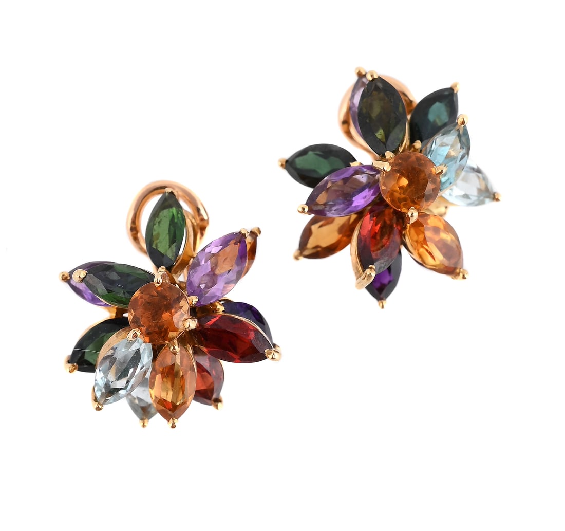H STERN, A PAIR OF GEM SET EARRINGS: H STERN, A PAIR OF GEM SET EARRINGS Each cluster set with various marquise cut stones, including tourmaline, amethyst, garnet and aquamarine, with a circular cut citrine centre, clip and post