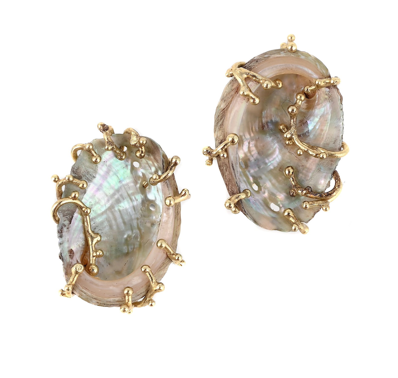 A PAIR OF 18 CARAT GOLD AND SHELL EARRINGS: A PAIR OF 18 CARAT GOLD AND SHELL EARRINGS LONDON 1965 The abalone shells within beaded naturalistic tendrils, post fittings, UK hallmark and indistinct maker's mark Size/dimensions: 2cm long Gross