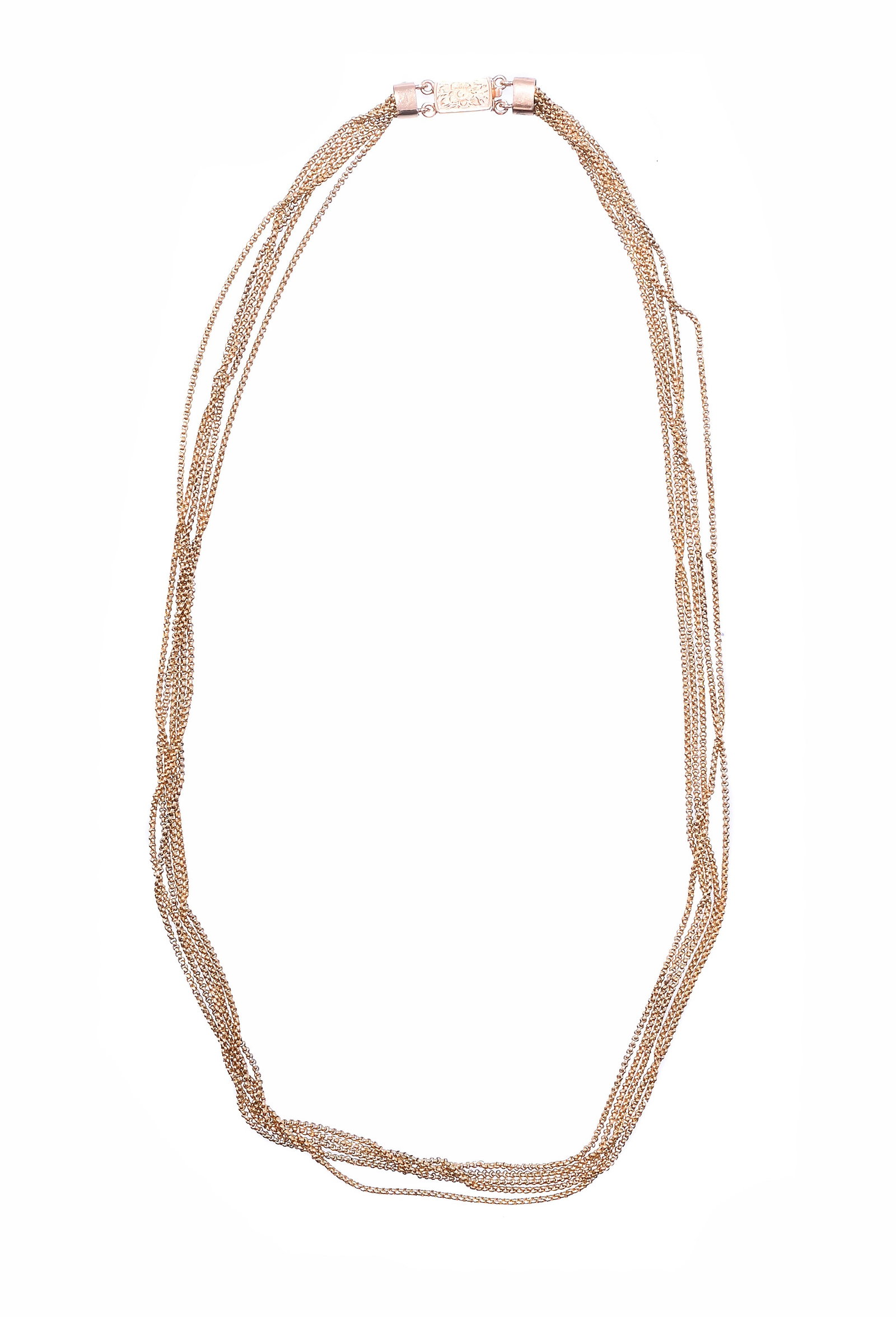 A 19TH CENTURY MULTI STRAND GOLD NECKLACE: A 19TH CENTURY MULTI STRAND GOLD NECKLACE The fine belcher link chains to a floral engraved box clasp, unmarked Size/dimensions: 43cm long Gross weight: 19.1 grams Condition