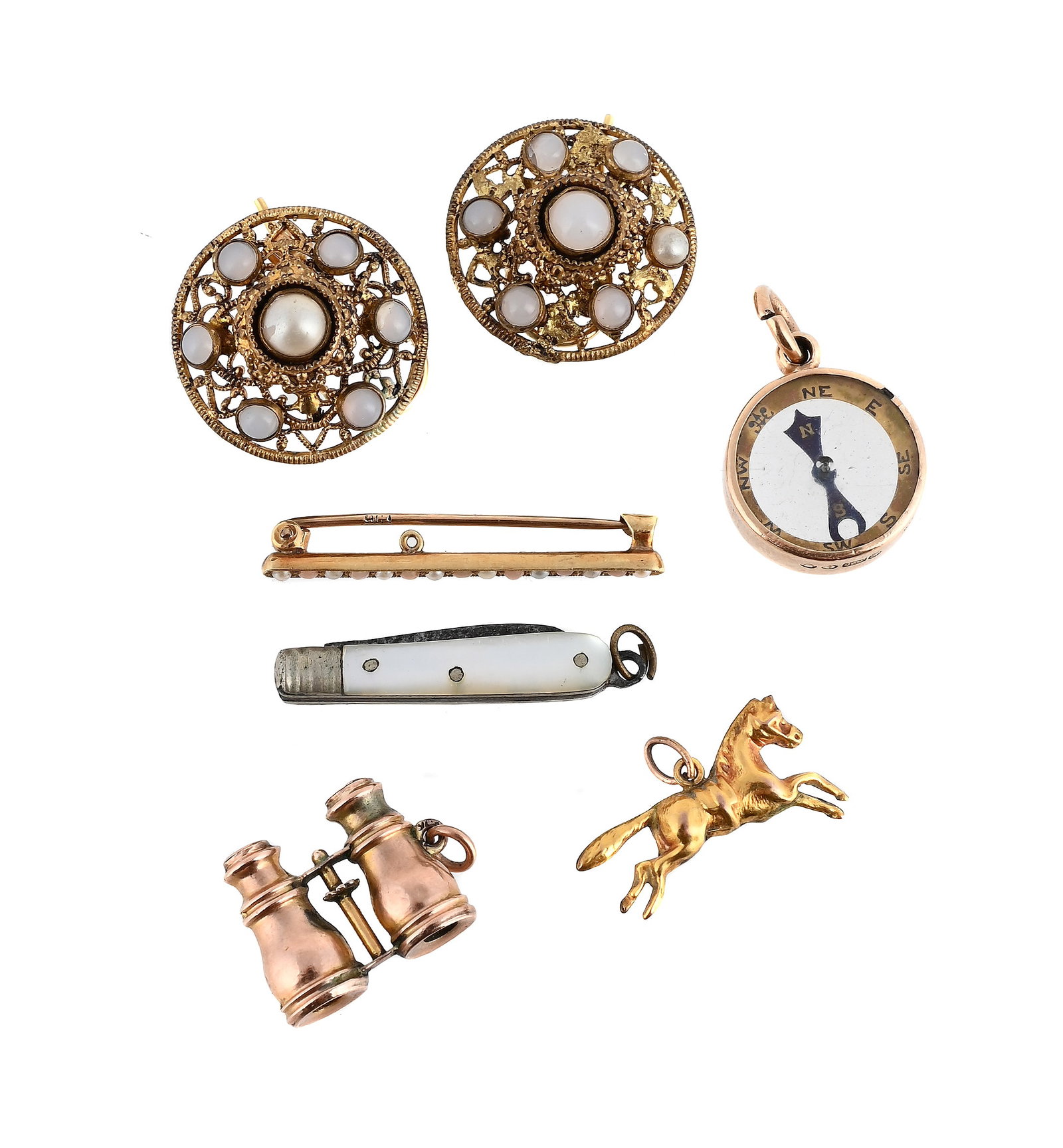 Y A COLLECTION OF SMALL ITEMS: Y A COLLECTION OF SMALL ITEMS To include a 15 carat gold compass charm, London 1900; an early 20th century coral and half seed pearl bar brooch, stamped 9ct; an early 20th century binoculars