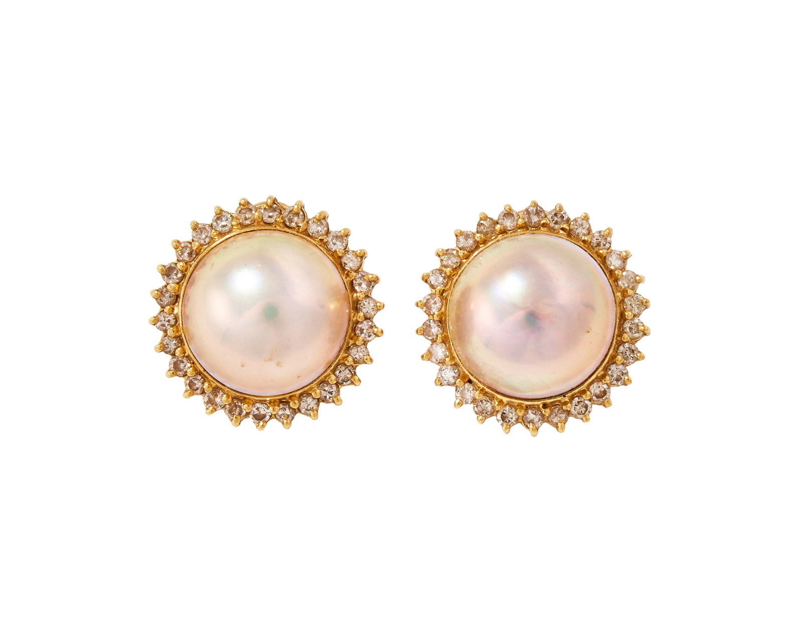 A PAIR OF MABÉ PEARL AND DIAMOND CLUSTER EARRINGS: A PAIR OF MABÉ PEARL AND DIAMOND CLUSTER EARRINGS