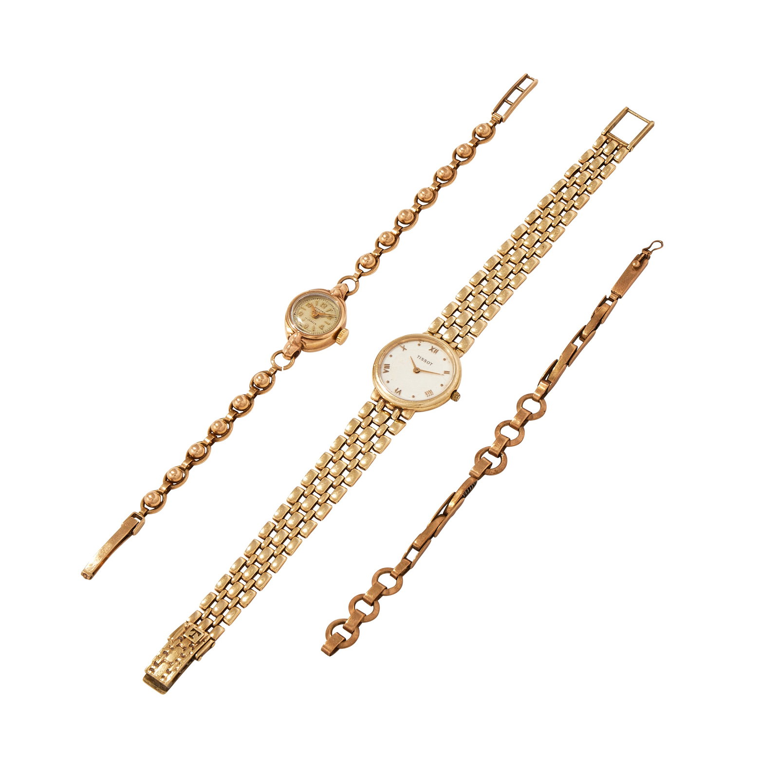 TWO WATCHES: TWO WATCHES The first Tissot, a lady's watch, the circular white dial in a 9ct gold polished case, dial 1.9cm diameter, to a 9ct gold brick link bracelet, European convention and Swiss control