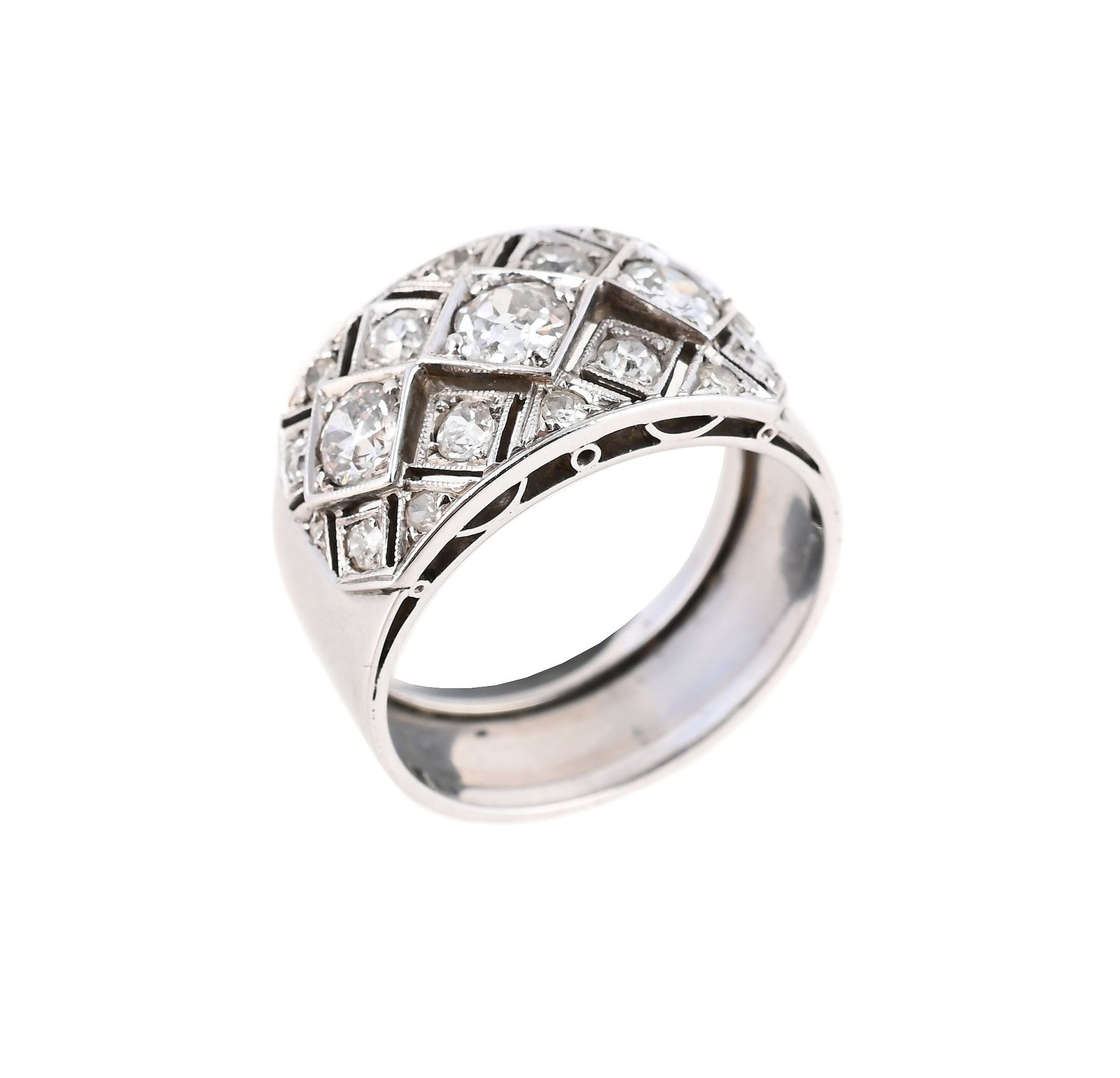 A DIAMOND SET BAND RING: A DIAMOND SET BAND RING The front of pierced geometric design, set with old European, single and rose cut diamonds, toa tapered band, unmarked Size/dimensions: ring size P Gross weight: 5.9