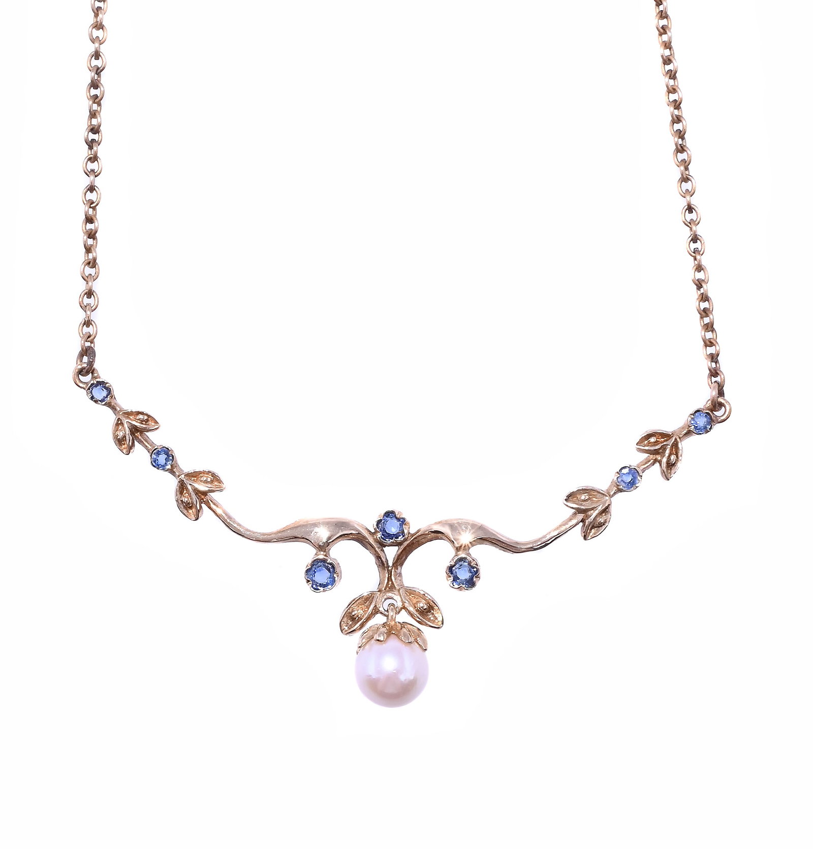 A SAPPHIRE AND CULTURED PEARL NECKLACE: A SAPPHIRE AND CULTURED PEARL NECKLACE The front of foliate branch design with circular cut sapphire buds, suspending a central cultured pearl drop, to a belcher link chain with lobster claw clasp,