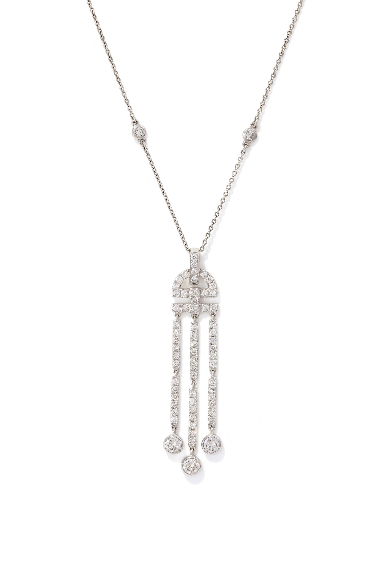 A DIAMOND PENDANT NECKLACE: A DIAMOND PENDANT NECKLACE The 18ct white gold crescent shaped and bar surmount suspending three articulated drops, set throughout with brilliant cut diamonds, with spectacle set diamond terminals,