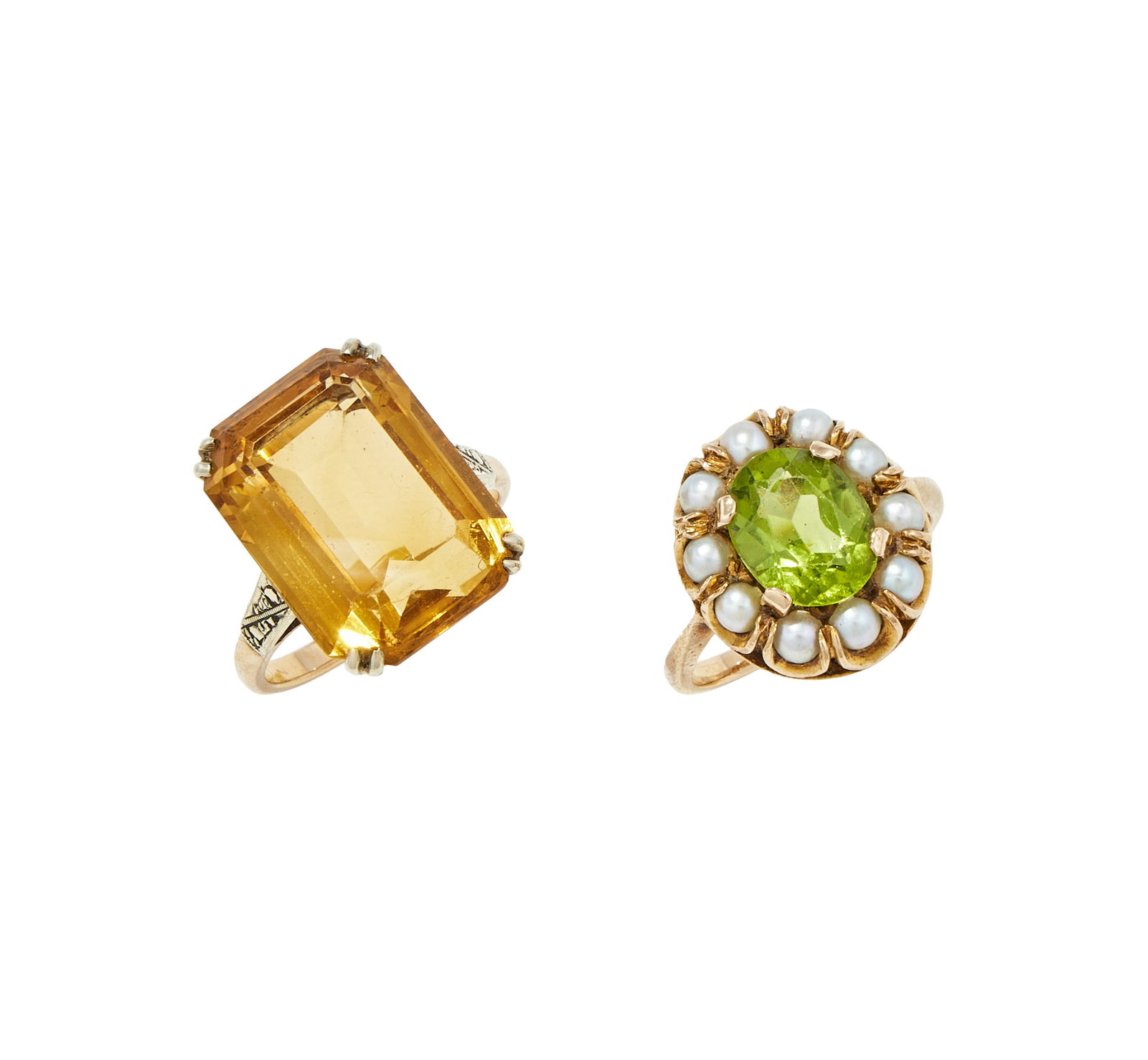 A 9 CARAT GOLD PERIDOT AND CULTURED PEARL CLUSTER RING AND A CITRINE DRESS RING (1 of 1)