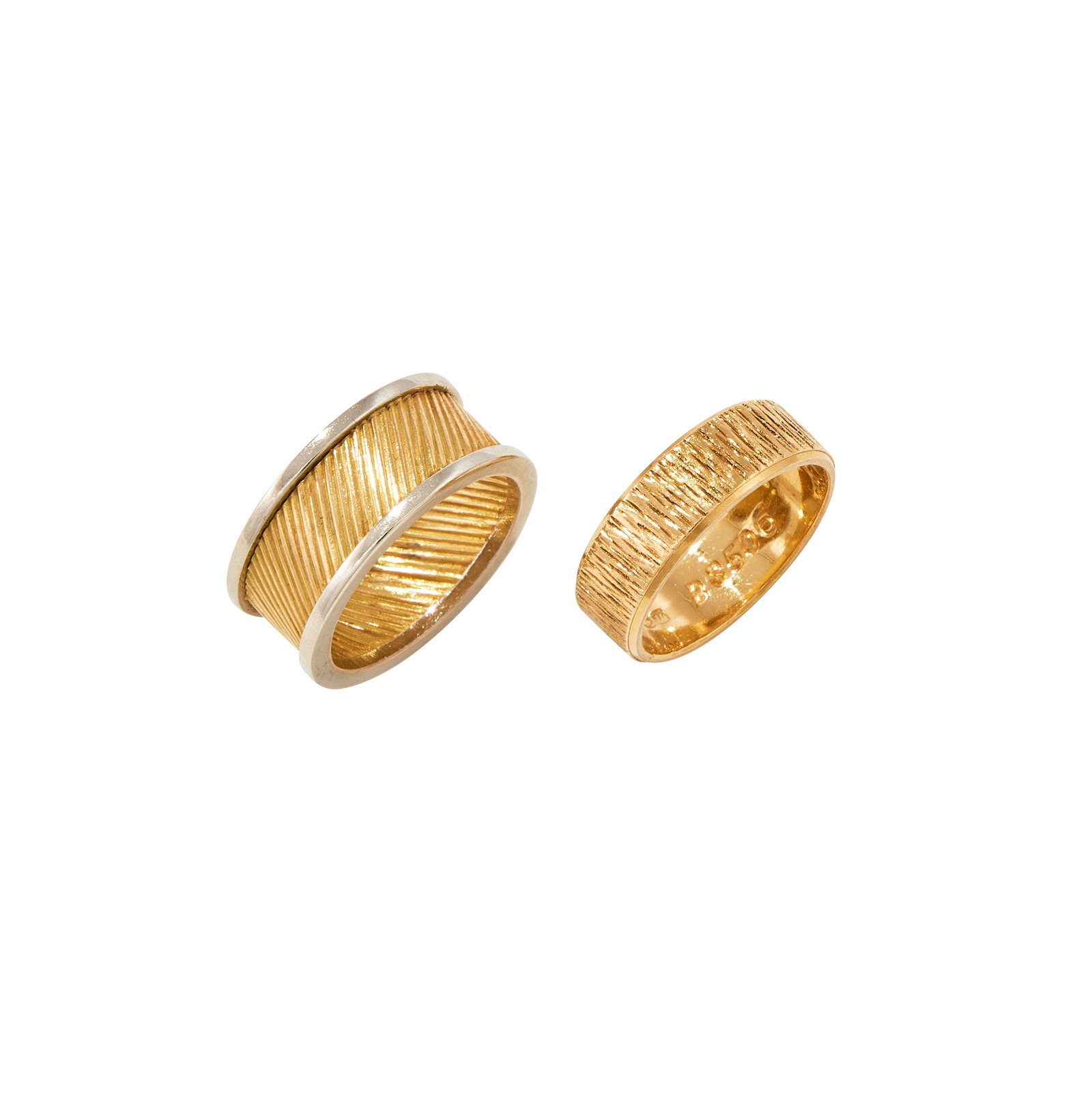 TWO BAND RINGS: TWO BAND RINGS The first of 18ct gold textured design, maker's mark for Charles Green & Son Ltd, Birmingham hallmark 1969, numbered BS506; the other a two coloured band ring, with