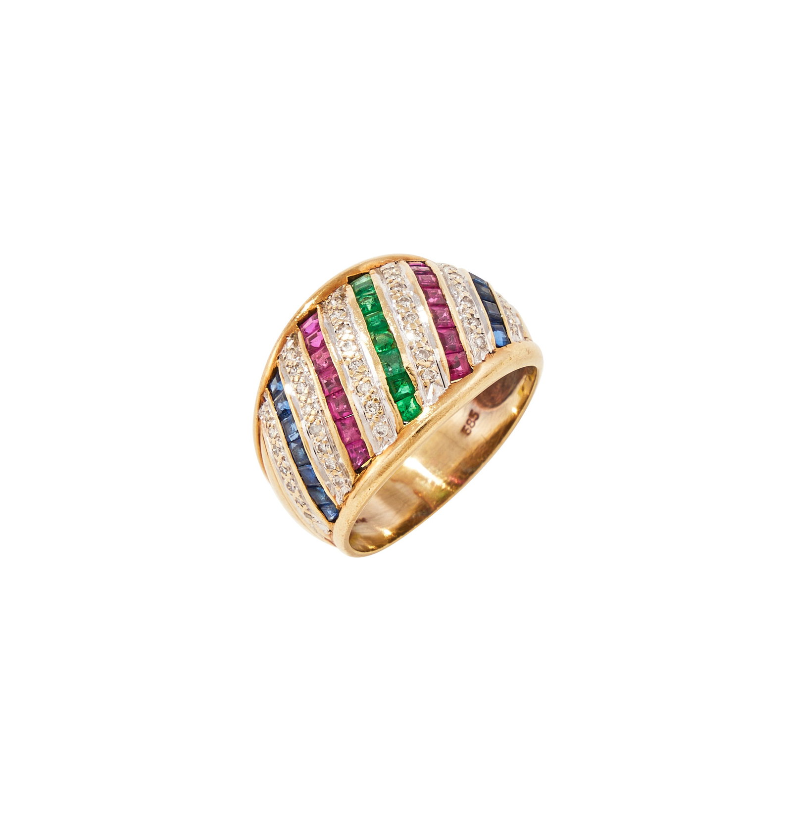 A GEM SET DRESS RING: A GEM SET DRESS RING Channel set to the front with alternating lines of rubies, sapphires and emeralds between rows of brilliant cut diamonds, stamped 585 and 14k Size/d