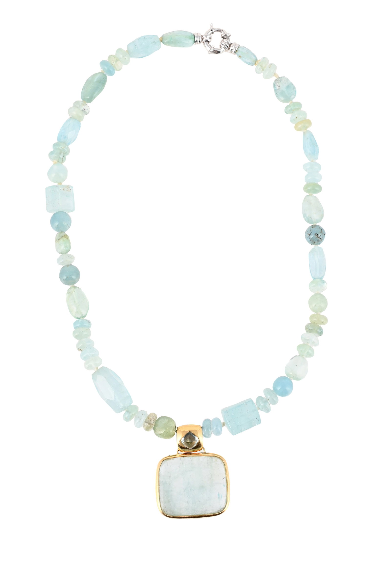 TAYMA, AN AQUAMARINE NECKLACE: TAYMA, AN AQUAMARINE NECKLACE The polished and faceted aquamarine beads to a polished rectangular aquamarine panel, the setting stamped Tayma 750, the white ring bolt