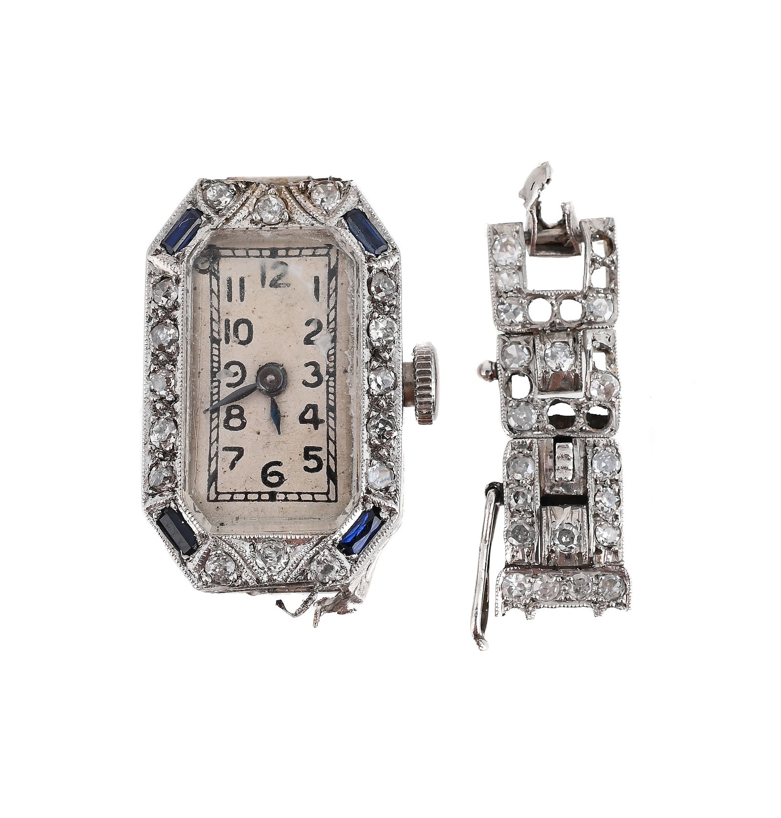 A DIAMOND AND SYNTHETIC SAPPHIRE COCKTAIL WATCH HEAD AND STRAP SECTION: A DIAMOND AND SYNTHETIC SAPPHIRE COCKTAIL WATCH HEAD AND STRAP SECTION The single cut diamond and baguette cut sapphire set bezel, to a silvered rectangular dial with black Arabic