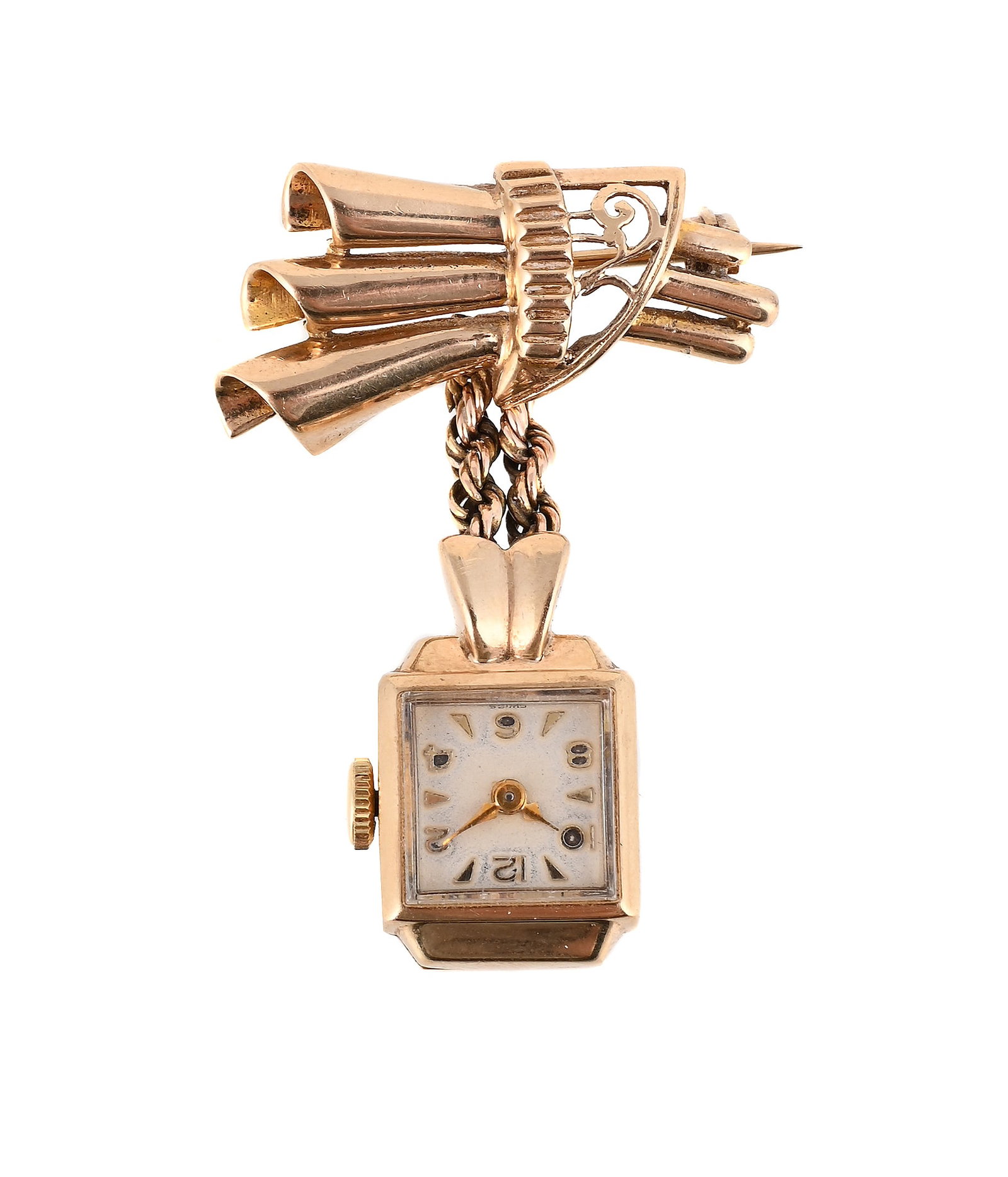A 9 CARAT GOLD NURSES WATCH, LONDON 1954: A 9 CARAT GOLD NURSES WATCH LONDON 1954 The square dial with alternating Arabic and tapered baton numerals, 17 jewel movement, in a 9 carat gold case with ha