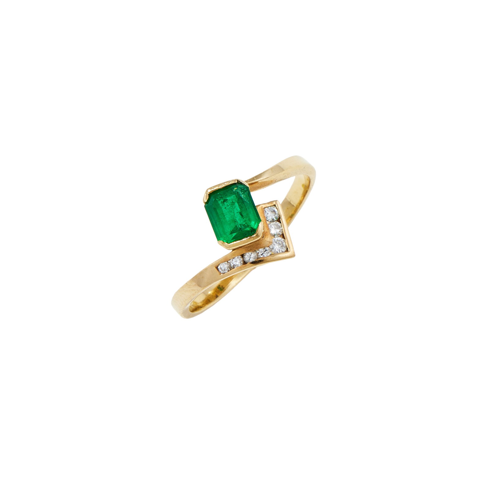 AN EMERALD AND DIAMOND RING: AN EMERALD AND DIAMOND RING The rectangular emerald with canted corners, half collet set to a crossover shank with a V-shaped shoulder, collet set with brilliant cut diamonds, unidentified marks