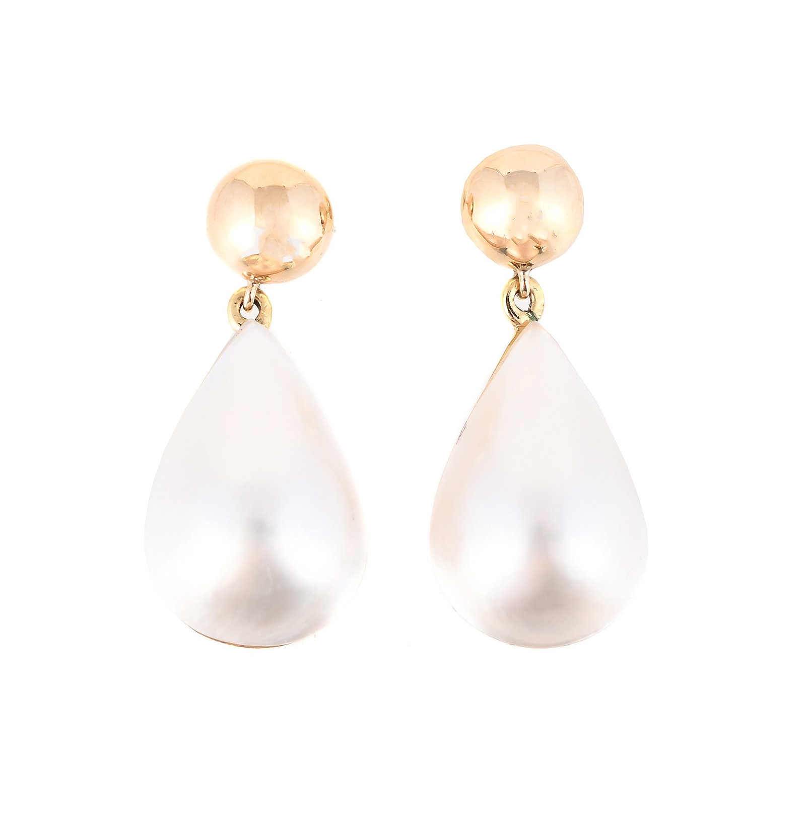 A PAIR OF MABÉ PEARL EARRINGS: A PAIR OF MABÉ PEARL EARRINGS The pear shaped mabé pearl drops suspended from polished orb surmounts, post fittings, stamped 750 with Italian control marks&
