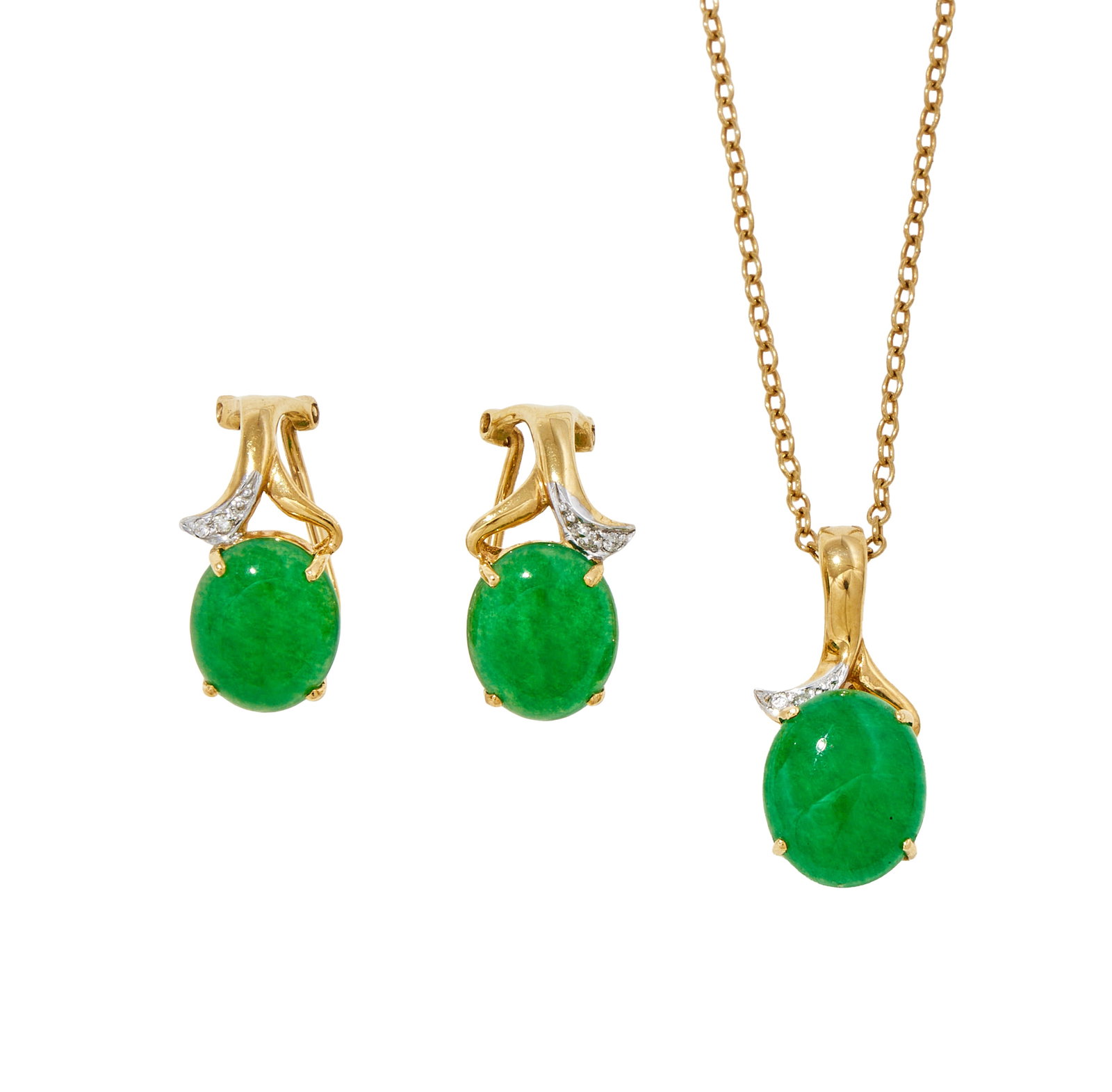 A DYED JADE PENDANT AND EARRING SET: A DYED JADE PENDANT AND EARRING SET Each set with an oval cabochon dyed jade, in an 18ct gold mount with diamonds accents, UK hallmarks Size/dimensions: earrings 1.7cm, pendant 2.3cm long Gross