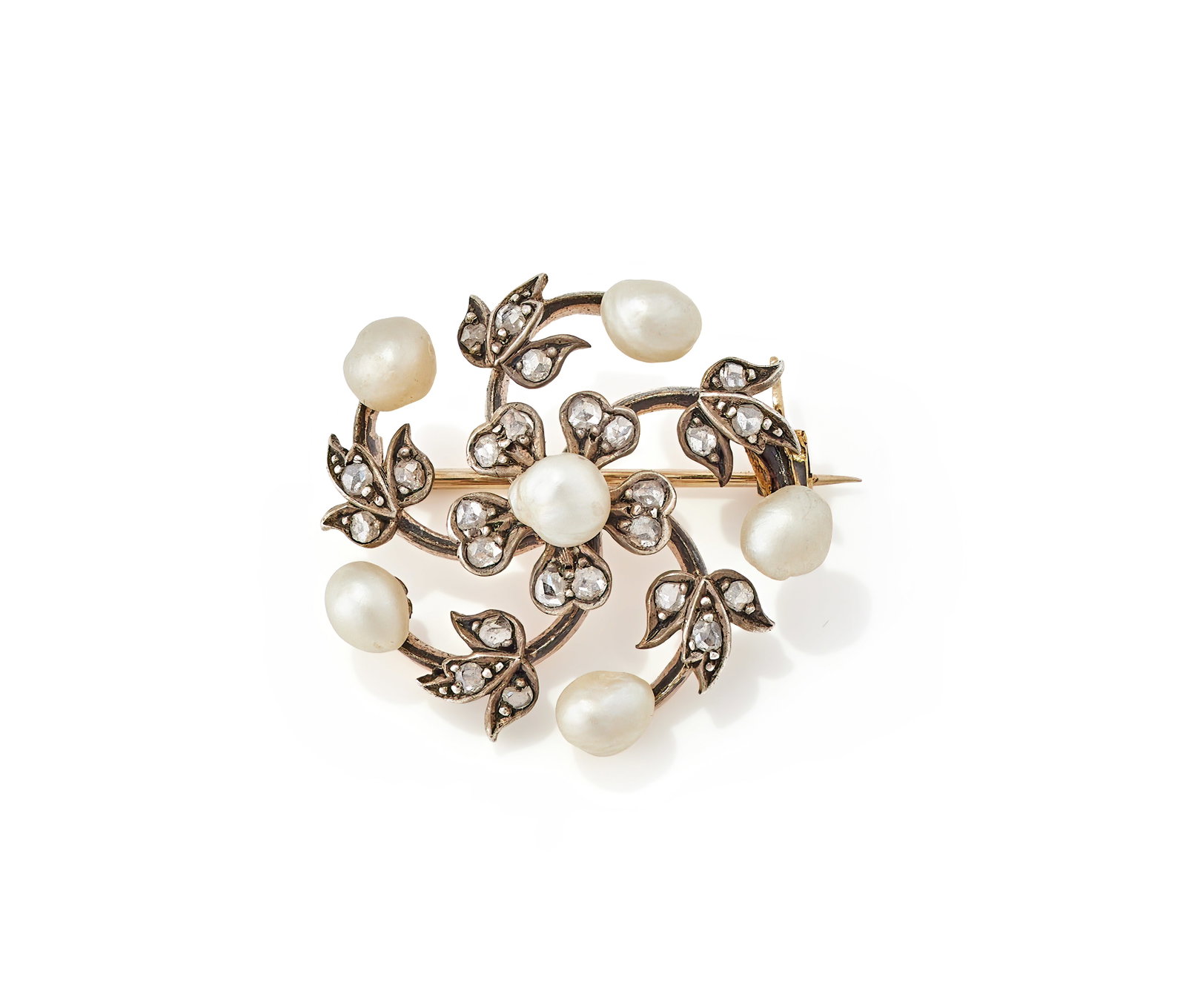 AN EARLY 20TH CENTURY PEARL AND DIAMOND FLORAL BROOCH: AN EARLY 20TH CENTURY PEARL AND DIAMOND FLORAL BROOCH The central rose cut diamond and pearl set flowerhead within a spiralling surround with diamond set leaf and pearl detail, unmarked