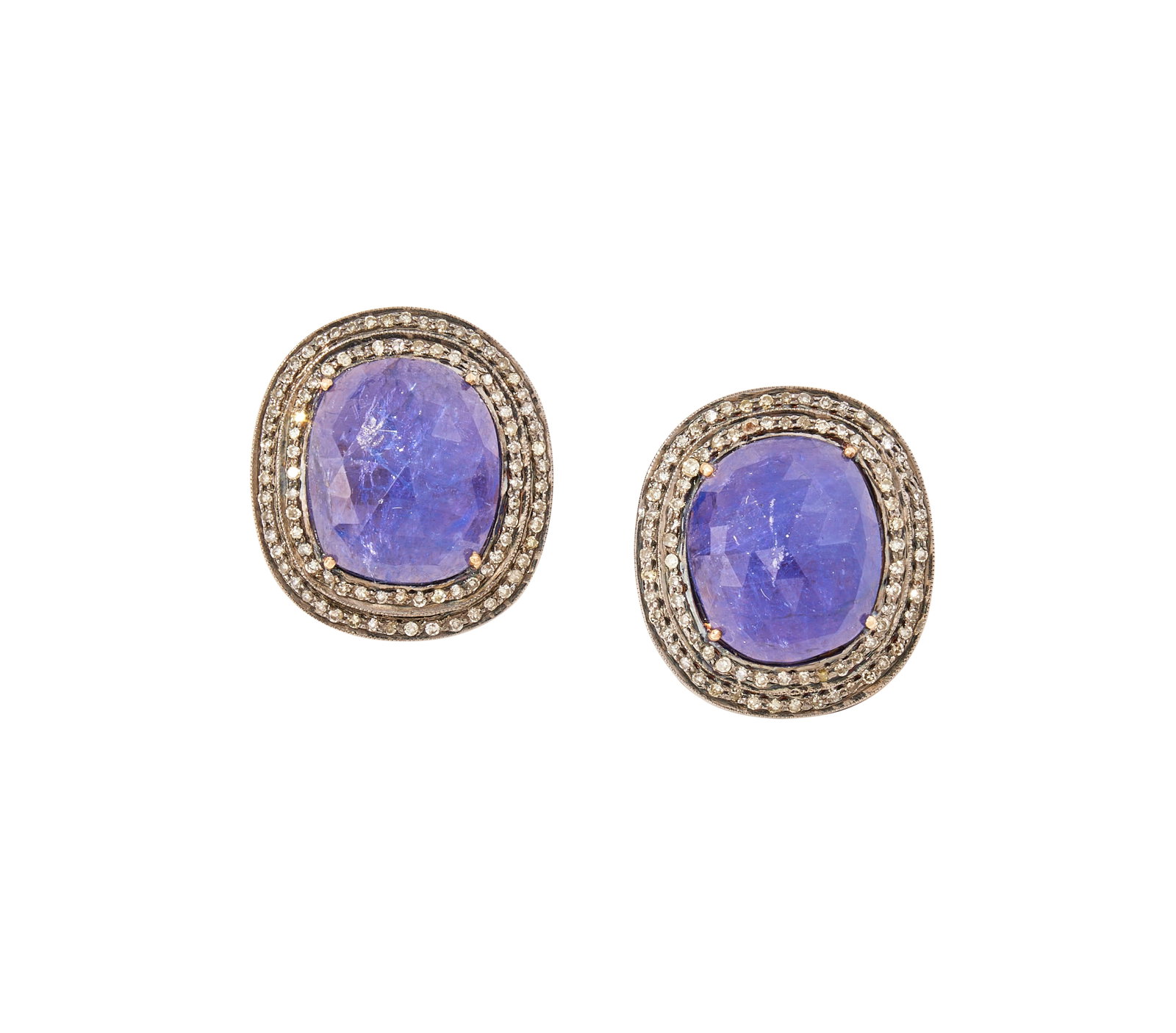 A PAIR OF TANZANITE AND DIAMOND EARRINGS: A PAIR OF TANZANITE AND DIAMOND EARRINGS Each facetted tanzanite within a double surround of single cut diamonds, post fittings stamped 585 Size/dimensions: 2.2cm long Gross weight: 12.3 Condition