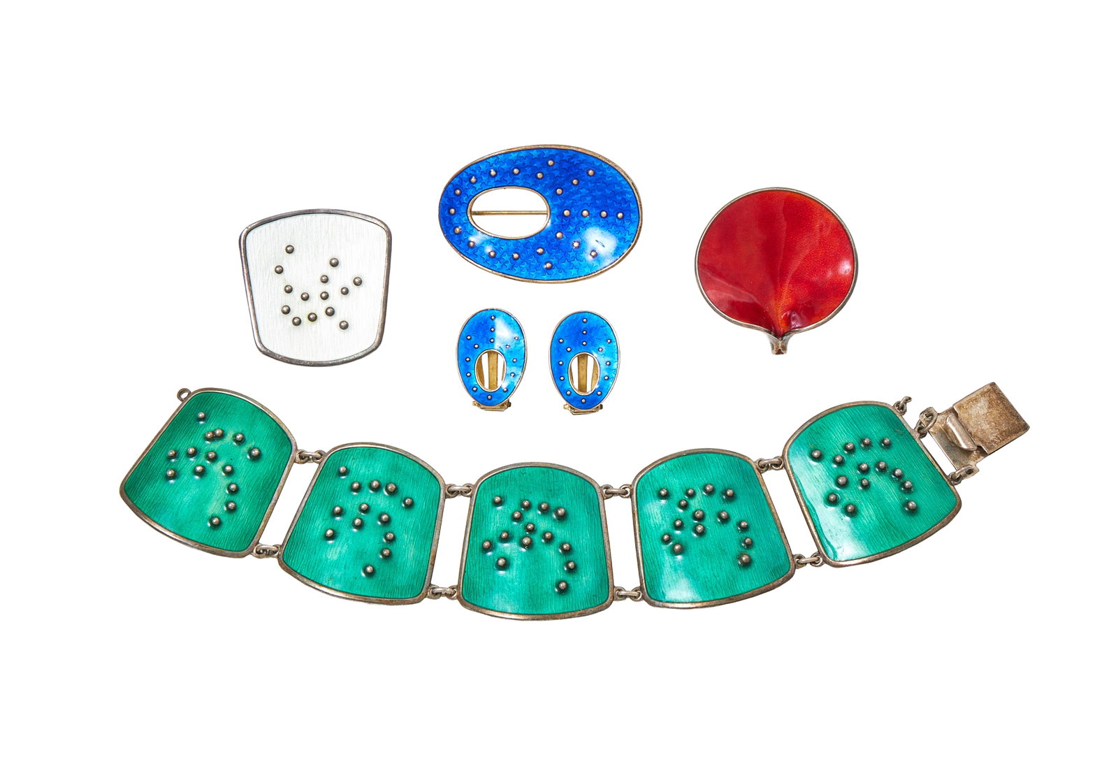 A COLLECTION OF NORWEGIAN ENAMELLED JEWELLERY: A COLLECTION OF NORWEGIAN ENAMELLED JEWELLERY The bracelet with curved rectangular panels with beaded constellation style detail on green enamelled ground, with concealed clasp; the brooch of