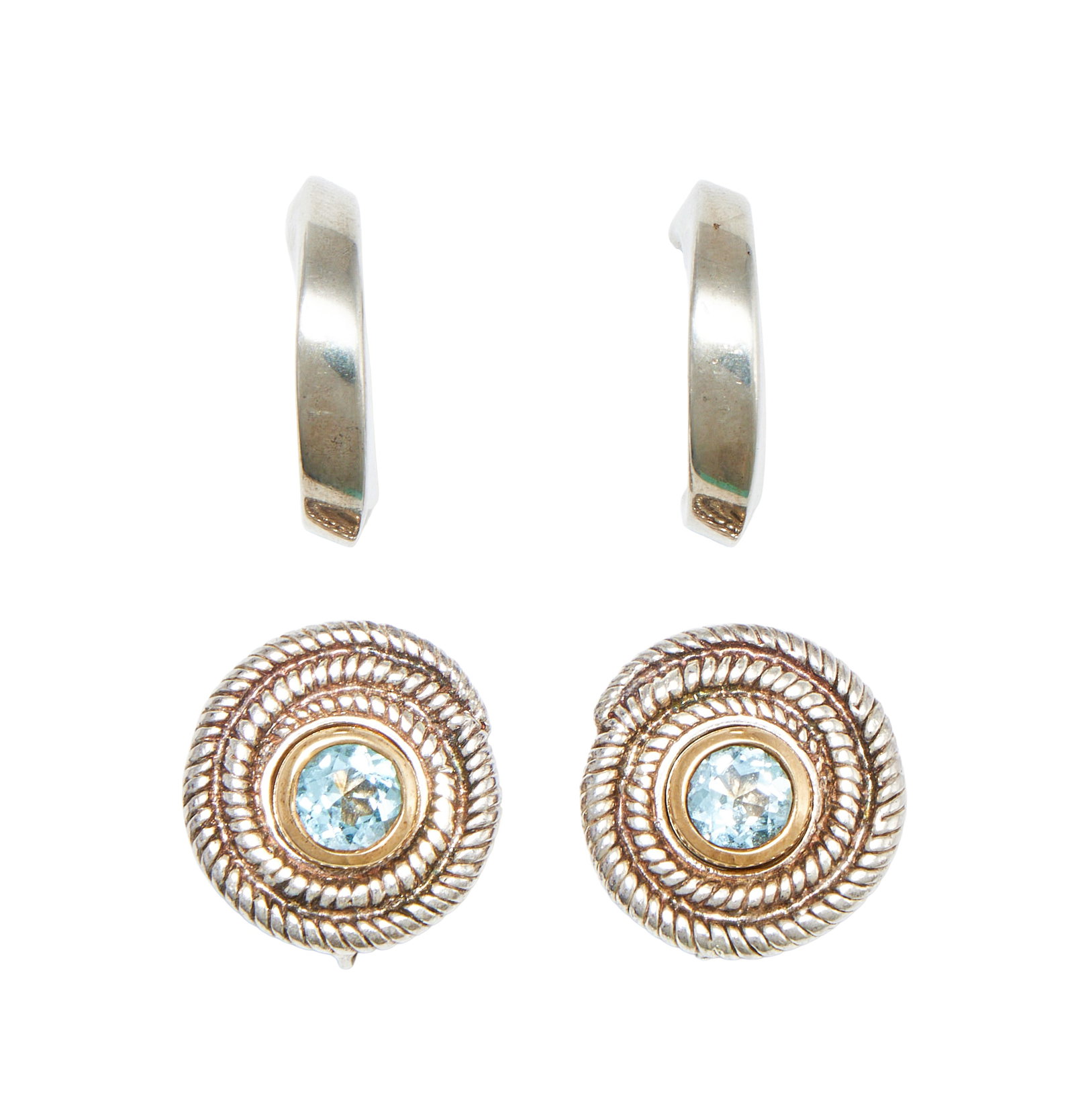 CASSANDRA GOAD, A PAIR OF BLUE TOPAZ EARRINGS, AND TIFFANY & CO., A PAIR OF HOOP EARRINGS: CASSANDRA GOAD, A PAIR OF BLUE TOPAZ EARRINGS, AND TIFFANY & CO., A PAIR OF HOOP EARRINGS The 9 carat gold 'Theresa' studs within a removable silver 'Basket' ropetwist surround, UK hallmarks,