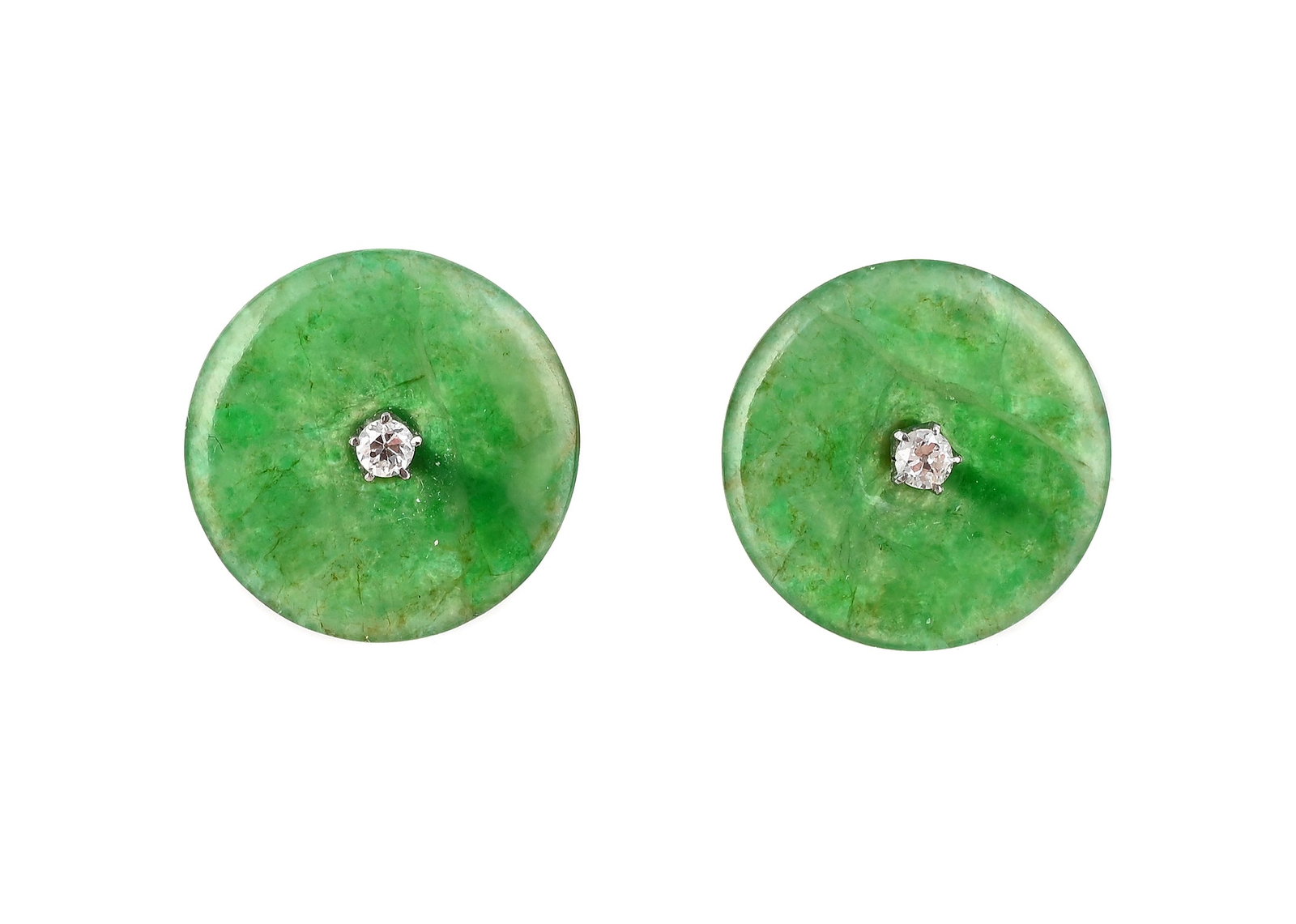 A PAIR OF MID 20TH CENTURY JADEITE JADE AND DIAMOND EARRINGS: A PAIR OF MID 20TH CENTURY JADEITE JADE AND DIAMOND EARRINGS Each polished jadeite jade disc centred with an old European cut diamond, screw back fittings, unmarked Size/dimensions: 1.5cm diameter