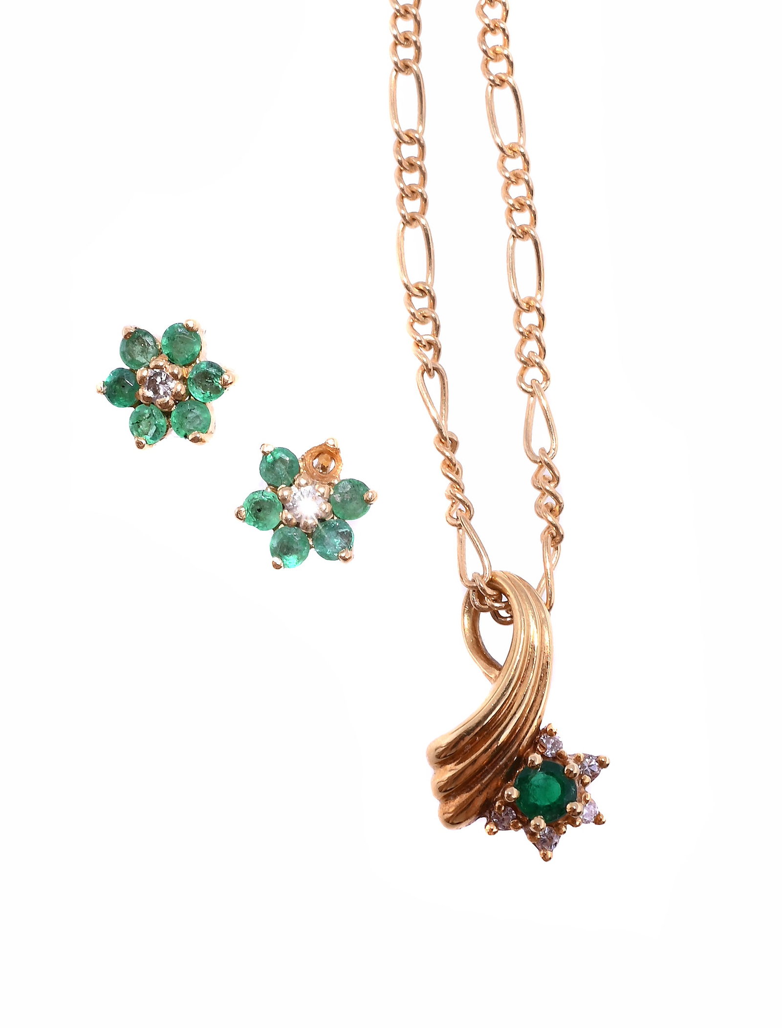 AN EMERALD AND DIAMOND PENDANT AND PAIR OF EARRINGS: AN EMERALD AND DIAMOND PENDANT AND PAIR OF EARRINGS The pendant set with a circular cut emerald in a diamond surround to a reeded 18ct gold loop surmount, UK import mark, w