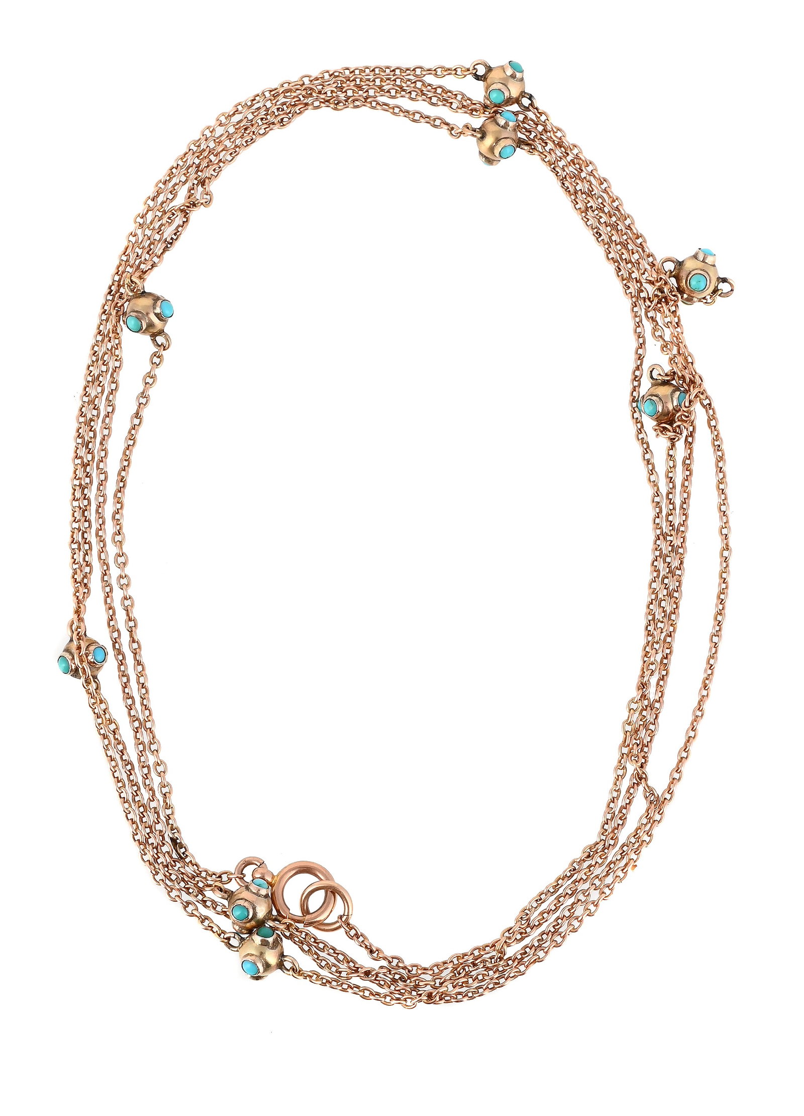 A LATE VICTORIAN TURQUOISE SET LONG CHAIN: A LATE VICTORIAN TURQUOISE SET LONG CHAIN The belcher link chain with orb spacers with circular cabochon turquoise set accents, to a ring bolt clasp, stamped 9ct Size/dimensions: 144cm long