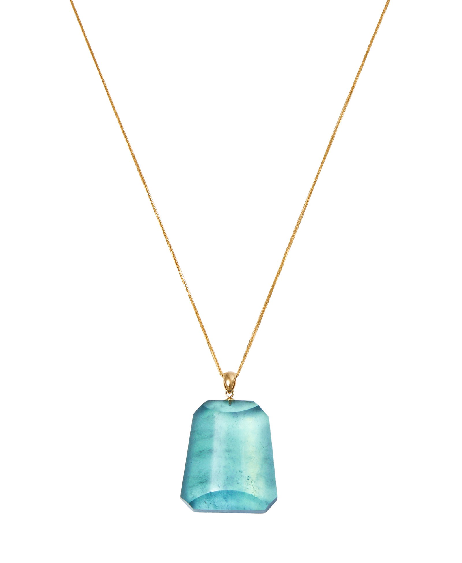 A BERYL PENDANT: A BERYL PENDANT The shaped pendant with a polished convex front, to a polished bale, unmarked, to a flattened curb link chain with ring bolt clasp, stamped Au750 Size/d