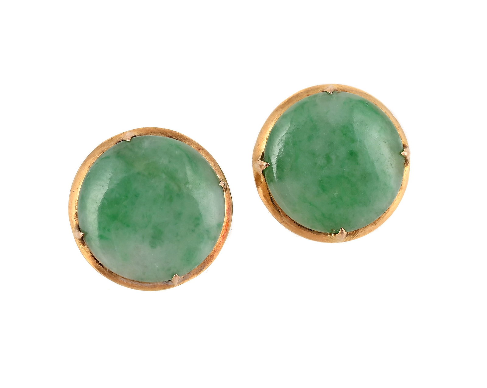 A PAIR OF JADEITE JADE EARRINGS: A PAIR OF JADEITE JADE EARRINGS The polished circular jadeite jade panels in four claw settings, clip fittings, unmarked Size/dimensions: 1.2cm diameter Gross weight: 2.7 grams Condition
