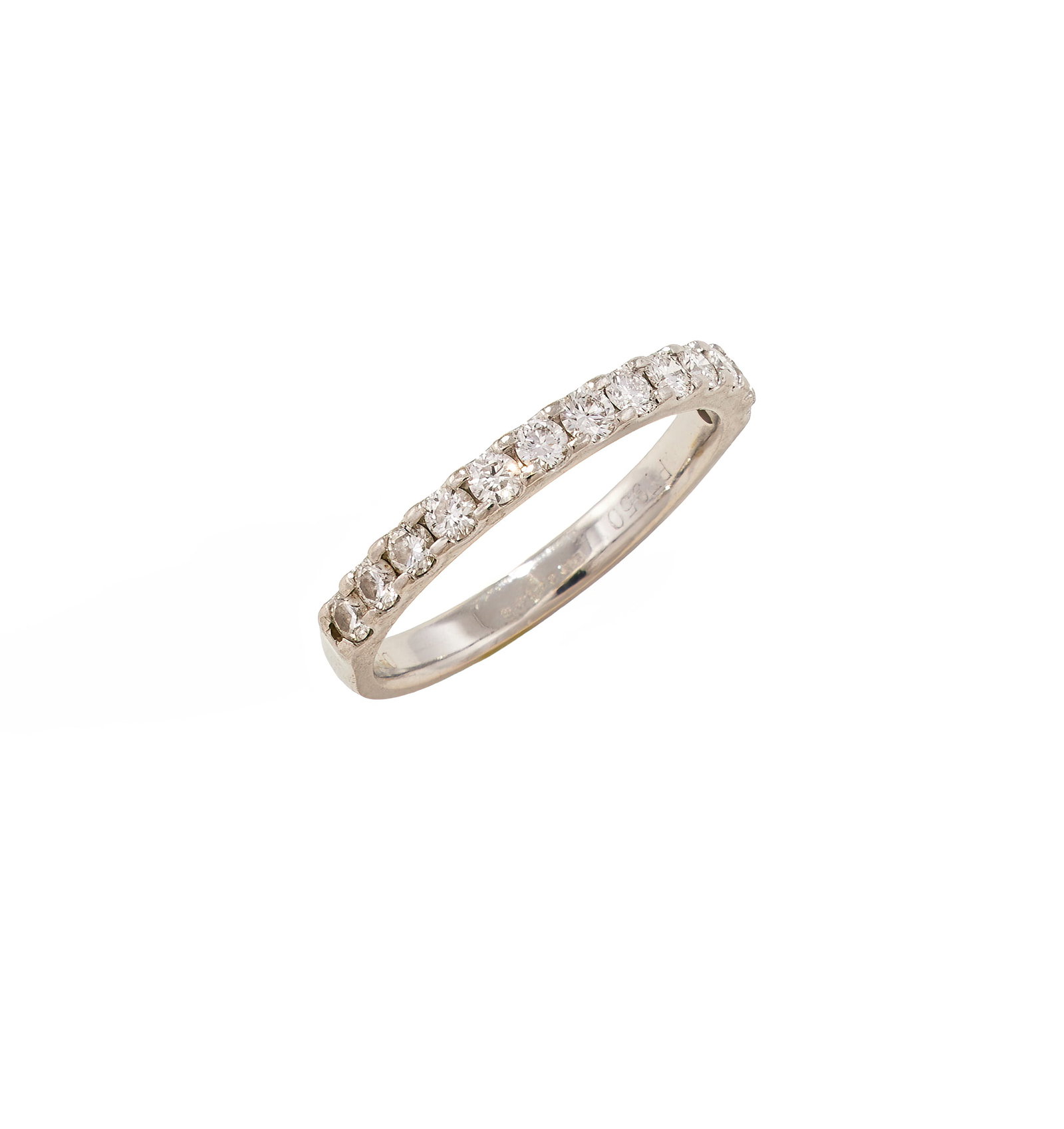 A DIAMOND HALF ETERNITY RING: A DIAMOND HALF ETERNITY RING LONDON 2017 The platinum band set to the front with brilliant cut diamonds, UK hallmark, maker's mark IDJC and numbered DFT4984 Size/dimensions: ring size N Gross