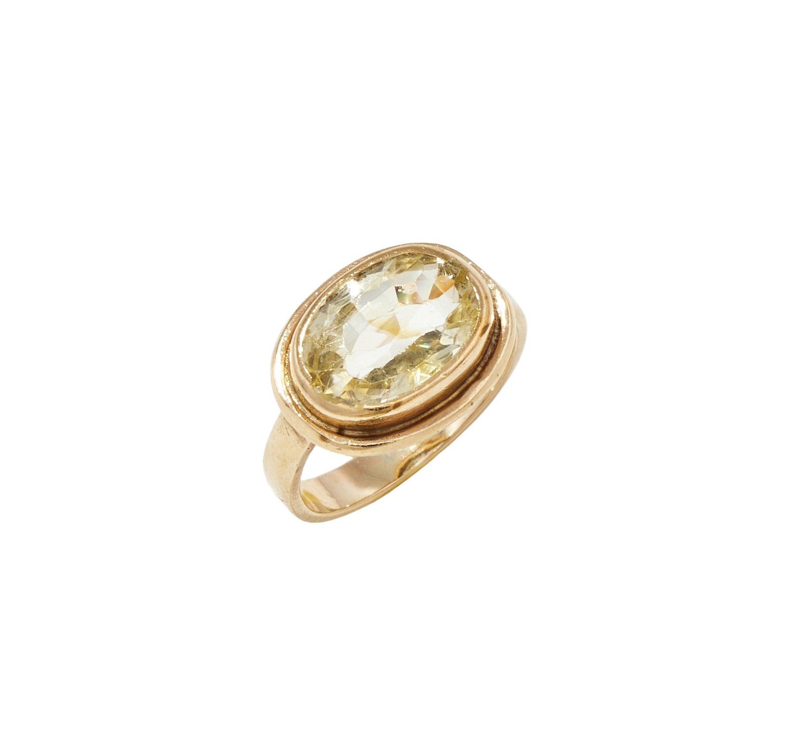 A YELLOW SAPPHIRE SINGLE STONE RING: A YELLOW SAPPHIRE SINGLE STONE RING The oval cut yellow sapphire collet set to a polished surround and shank, unmarked Size/dimensions: ring size F Gross weight: 3.0 grams Condition Report Disclaimer