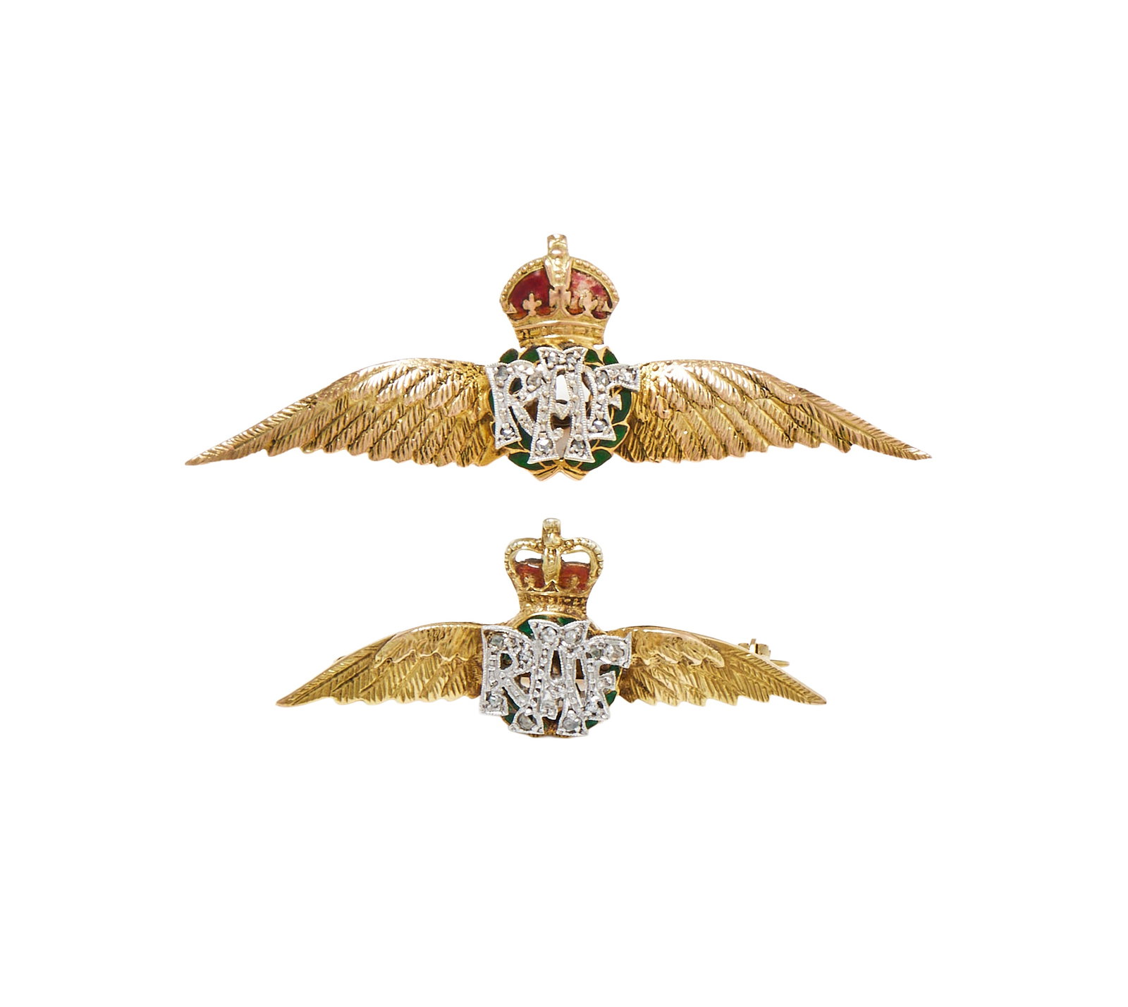 A PAIR OF ENAMEL AND DIAMOND SET RAF SWEETHEART BROOCHES (1 of 2)