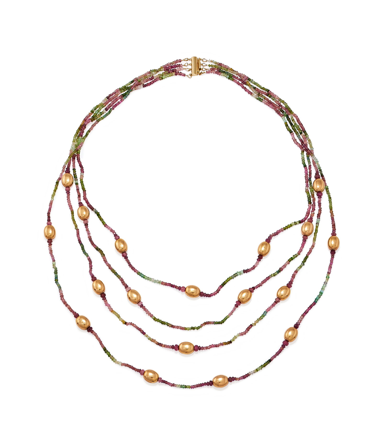 NANIS, A TOURMALINE AND 18 CARAT GOLD BEAD NECKLACE: NANIS, A TOURMALINE AND 18 CARAT GOLD BEAD NECKLACE The four rows of pink and green facetted tourmaline beads with polished gold bead spacers, Edinburgh hallmark and Italian control marks, to an