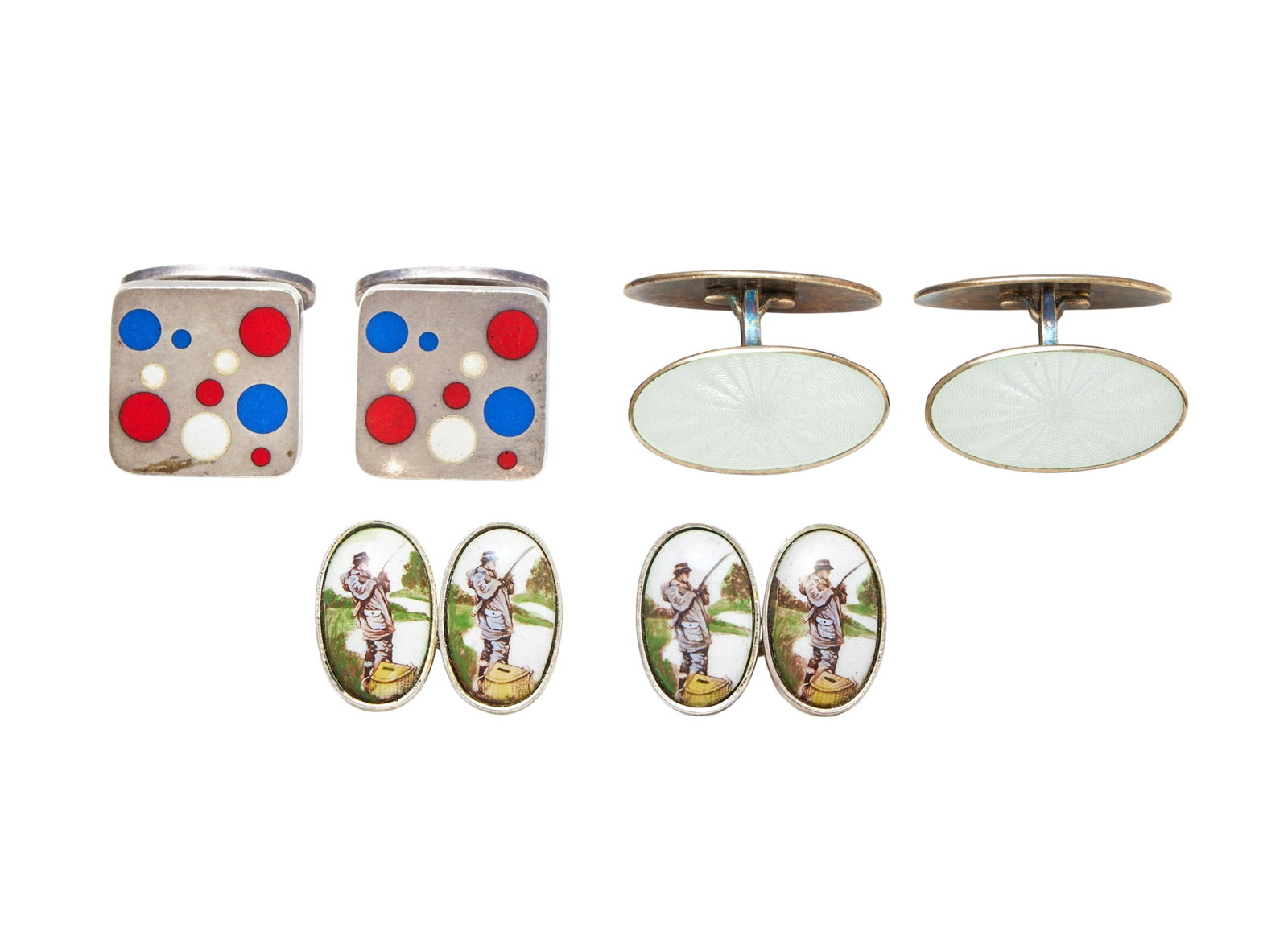 GEORG JENSEN, A PAIR OF ENAMELLED CUFFLINKS: GEORG JENSEN, A PAIR OF ENAMELLED CUFFLINKS# The squared panels with red, white and blue enamelled dots, stamped 925S Denmark with maker's mark, oval swivel terminal, numb