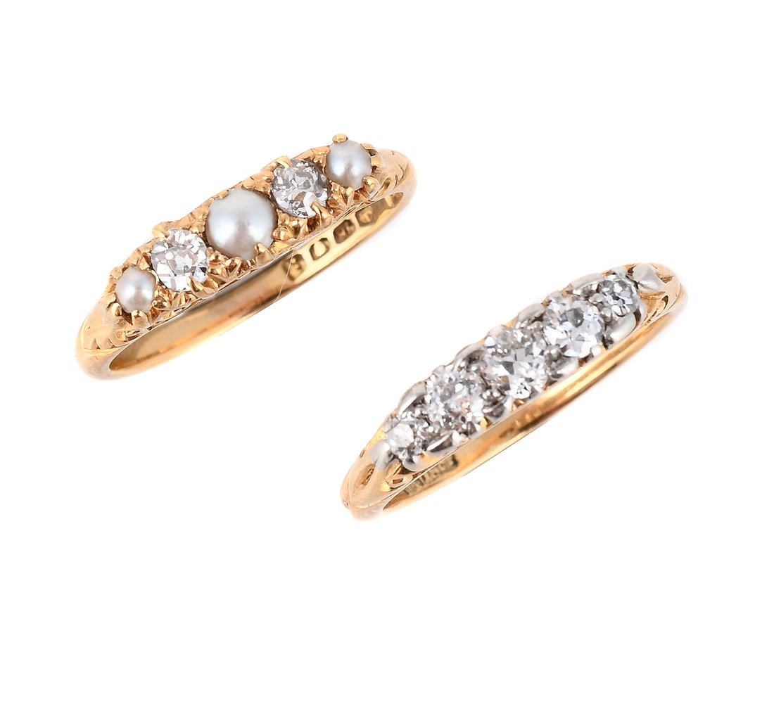 TWO EARLY 20TH CENTURY RINGS: TWO EARLY 20TH CENTURY RINGS The first with graduated old European cut diamonds, to pierced scrolled gallery, the shank stamped 18ct and Pt; together with a diamond, half pearl and half