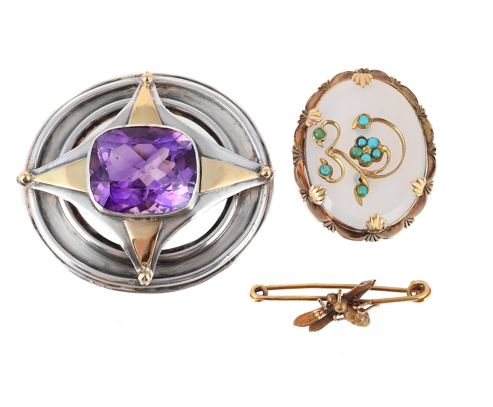 THREE BROOCHES: THREE BROOCHES The first with a cushion shaped amethyst within a two colour pointed quatrefoil setting, unmarked; together with a late Victorian textured bee set bar brooc