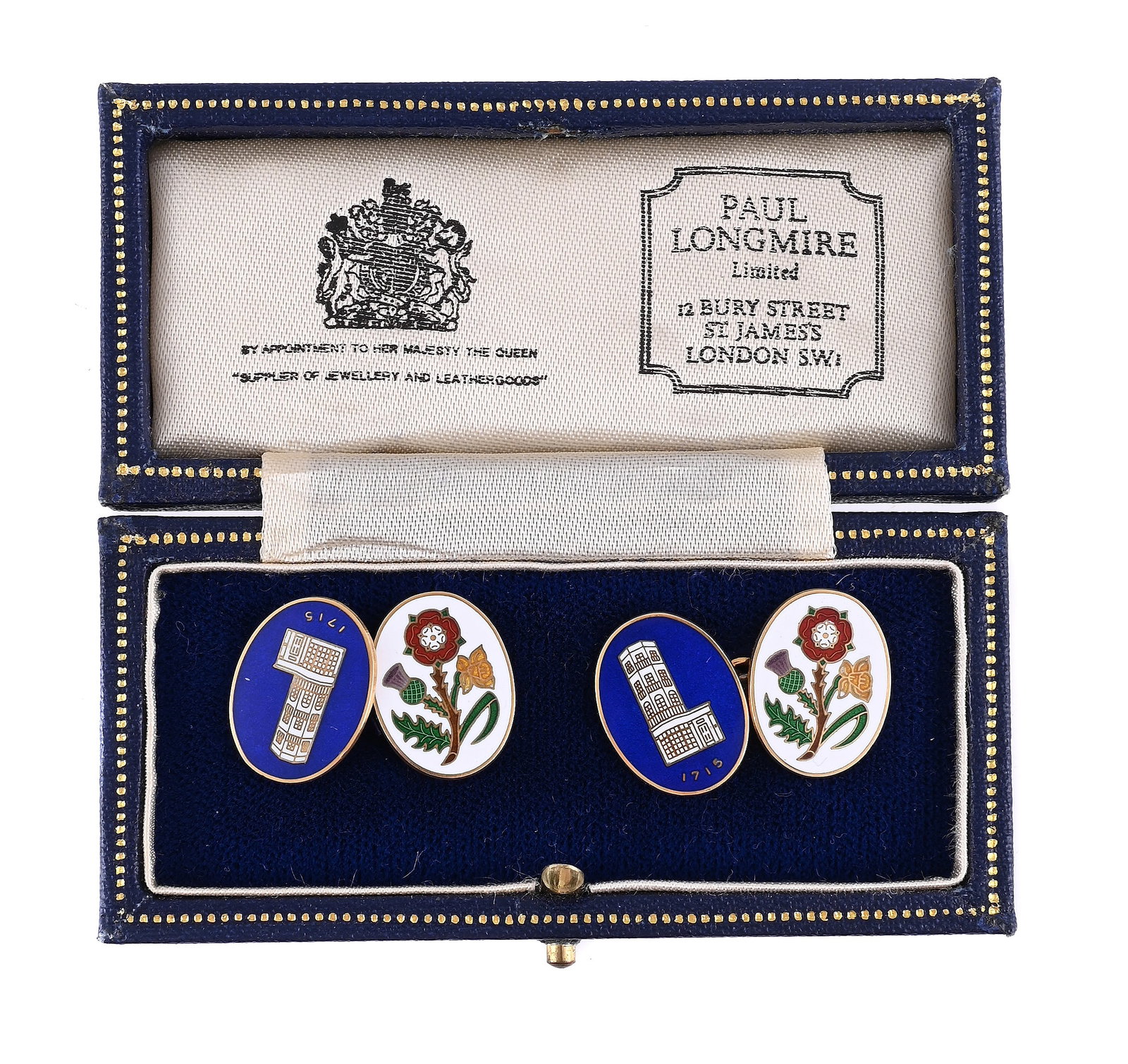 PAUL LONGMIRE, A PAIR OF 9 CARAT GOLD ENAMELLED CUFFLINKS: PAUL LONGMIRE, A PAIR OF 9 CARAT GOLD ENAMELLED CUFFLINKS BIRMINGHAM 1983 The oval panels with one side enamelled with the English, Welsh, and Scottish national flowers on a white ground, the other